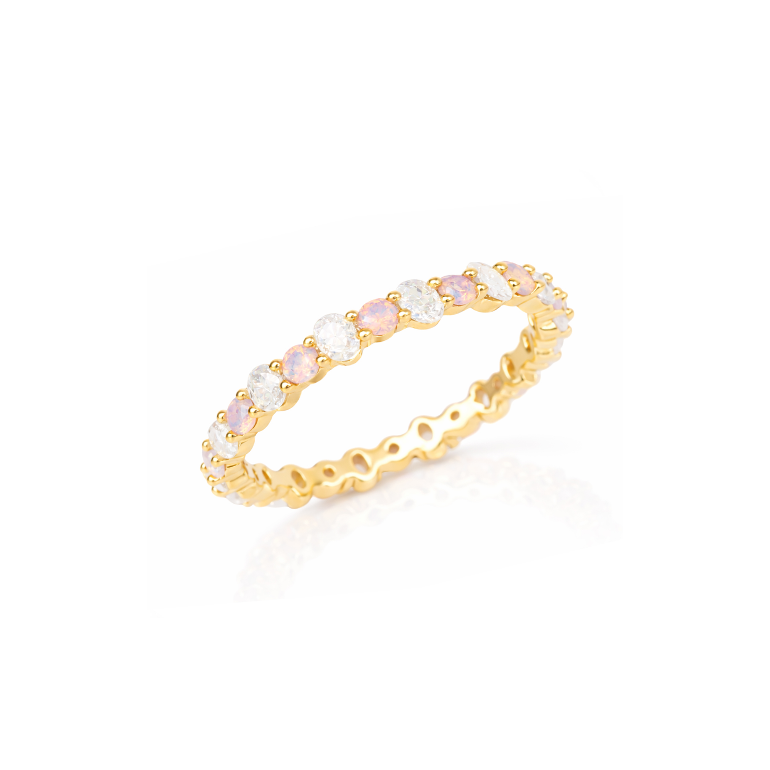Gold-tone ring with oval pink CZ stones and wave band