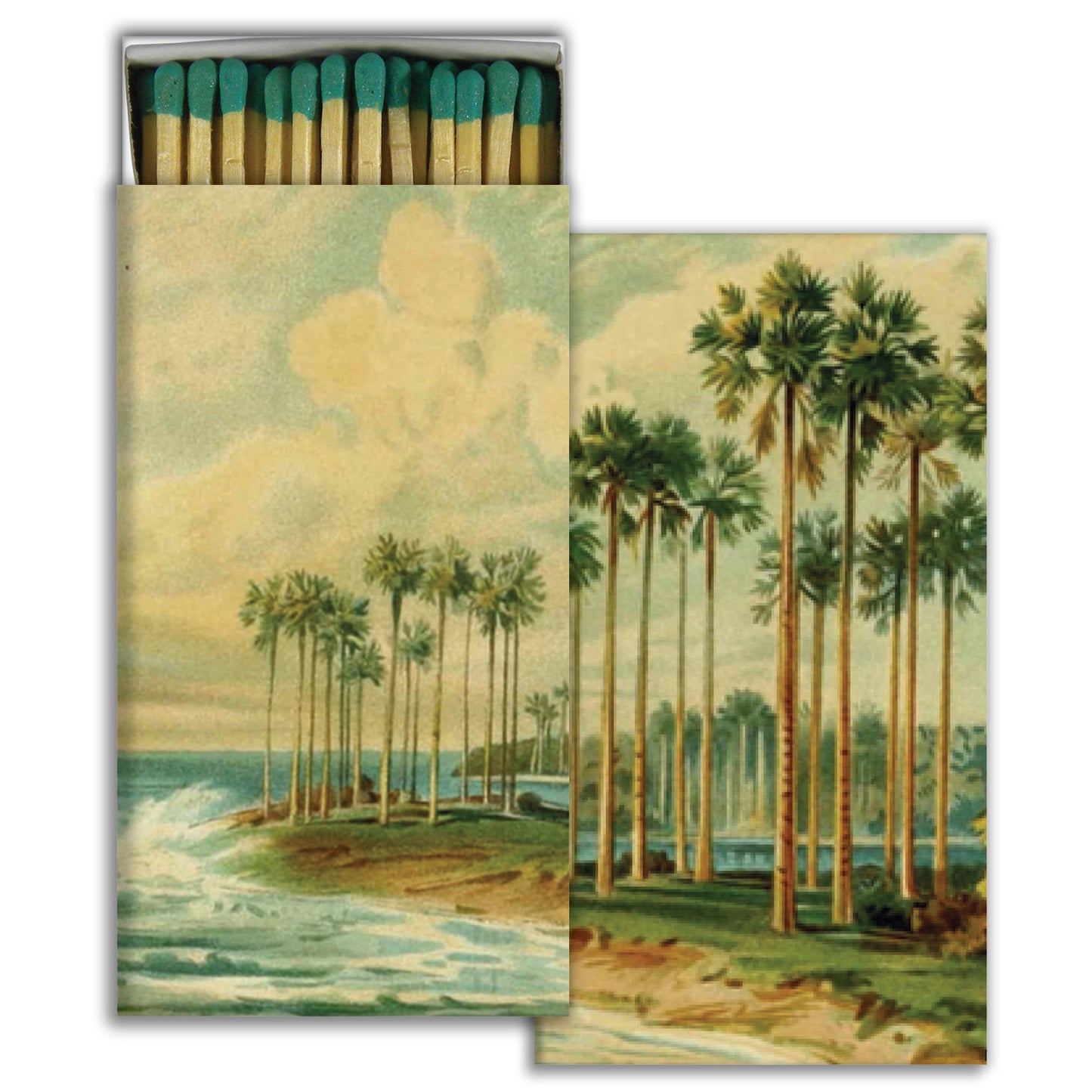 Decorative matchbox with tropical palm trees and beach scene label