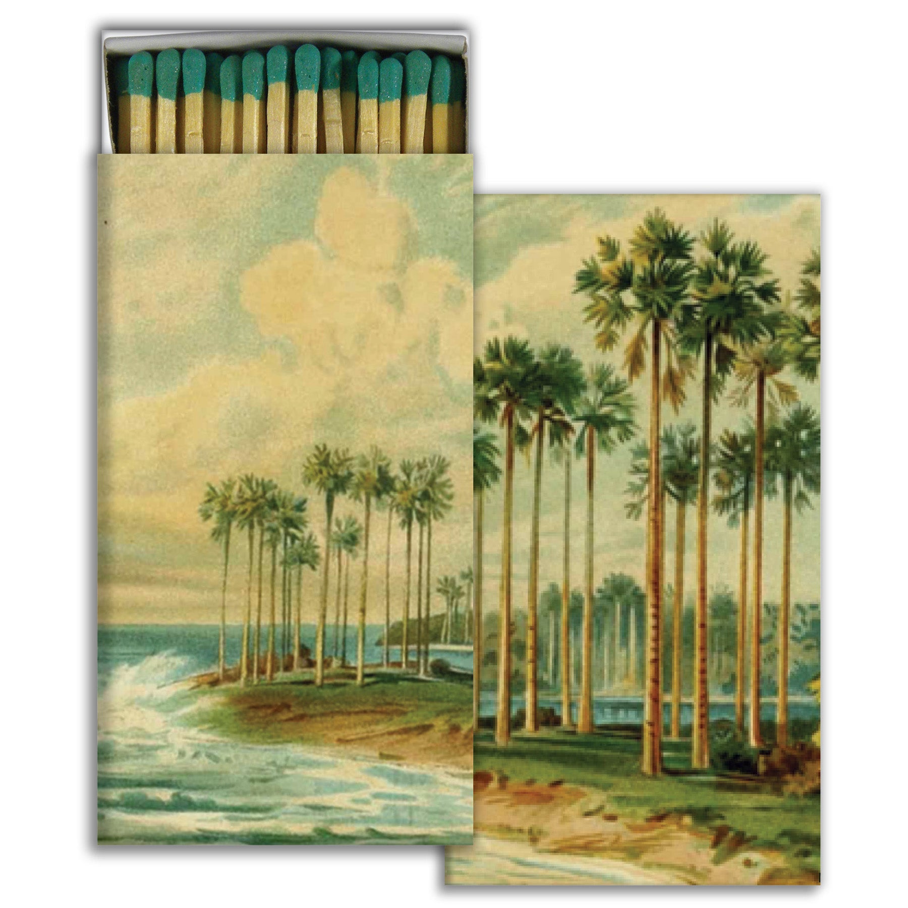 Decorative matchbox with tropical palm trees and beach scene label