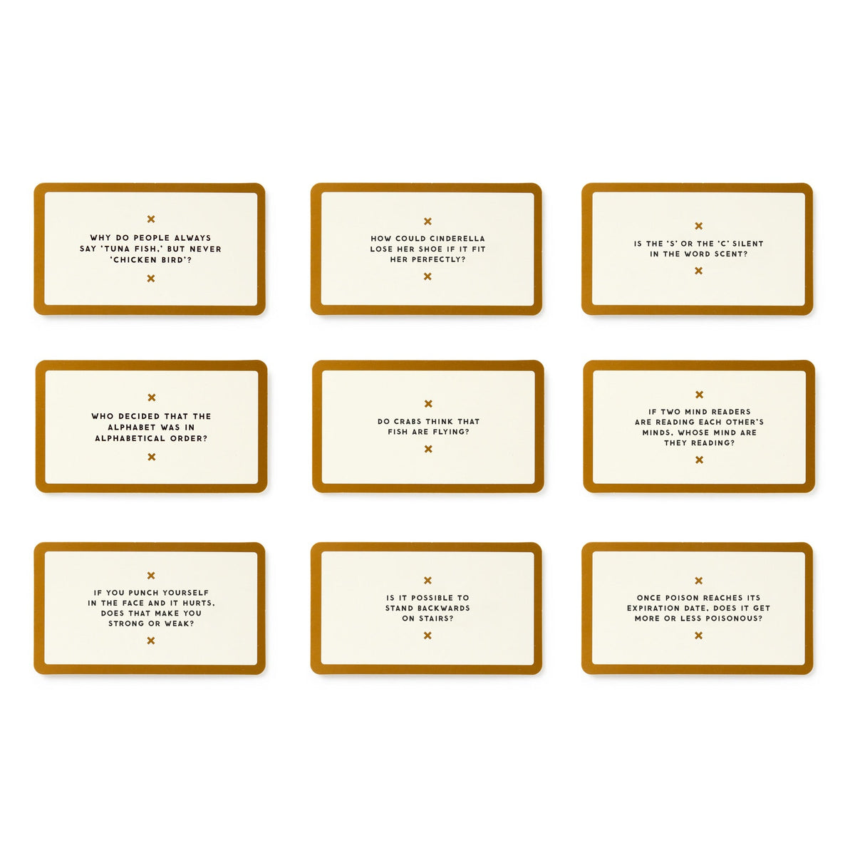 Conversation starter cards with brown borders and gold text, 9 cards shown