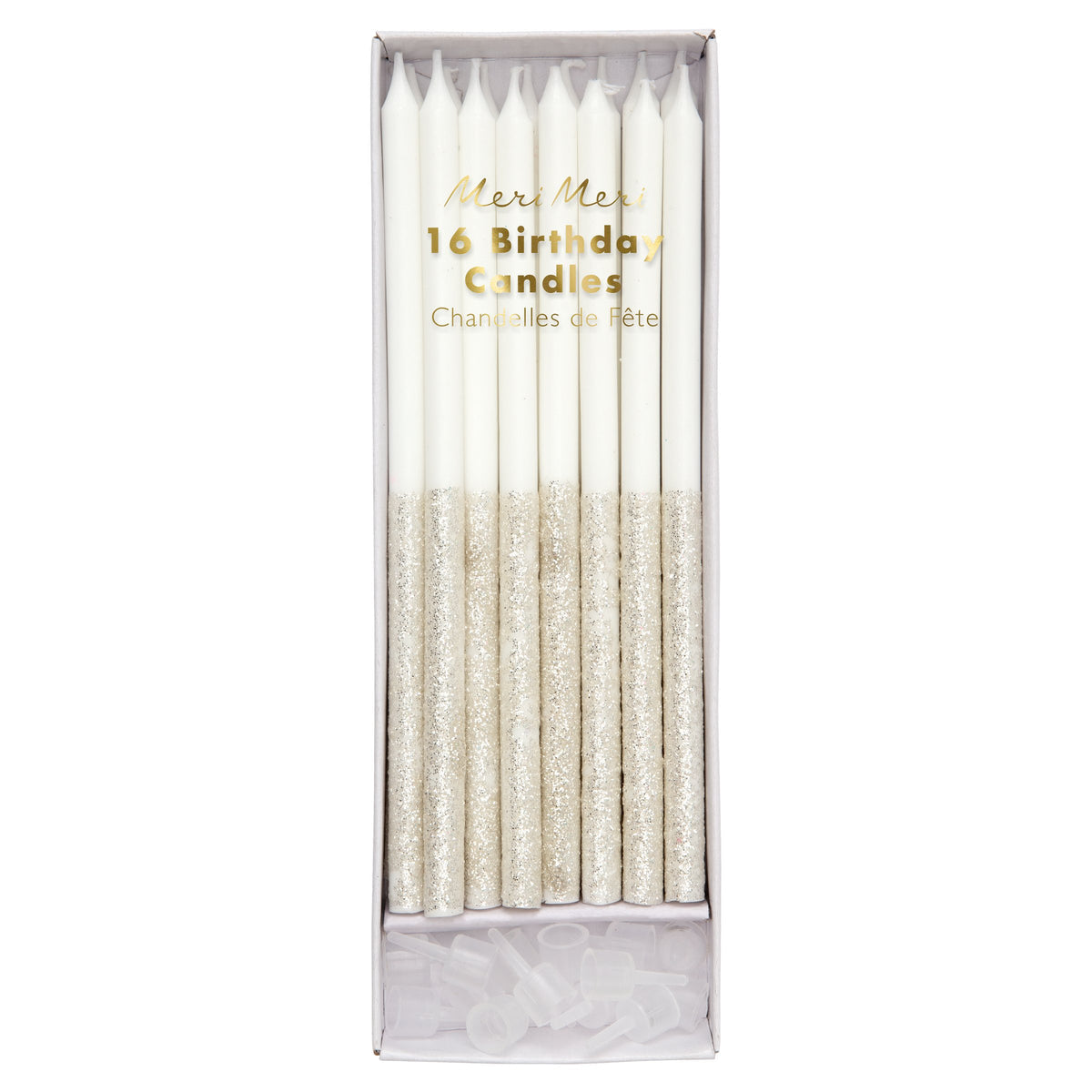 Set of 16 white candles with silver glitter dipped lower halves, in retail box