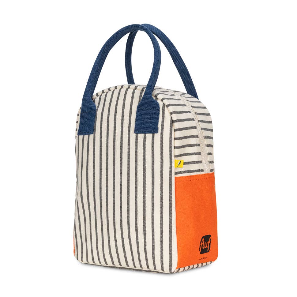 Striped zipper lunch bag with blue handle straps and orange side panels, side view