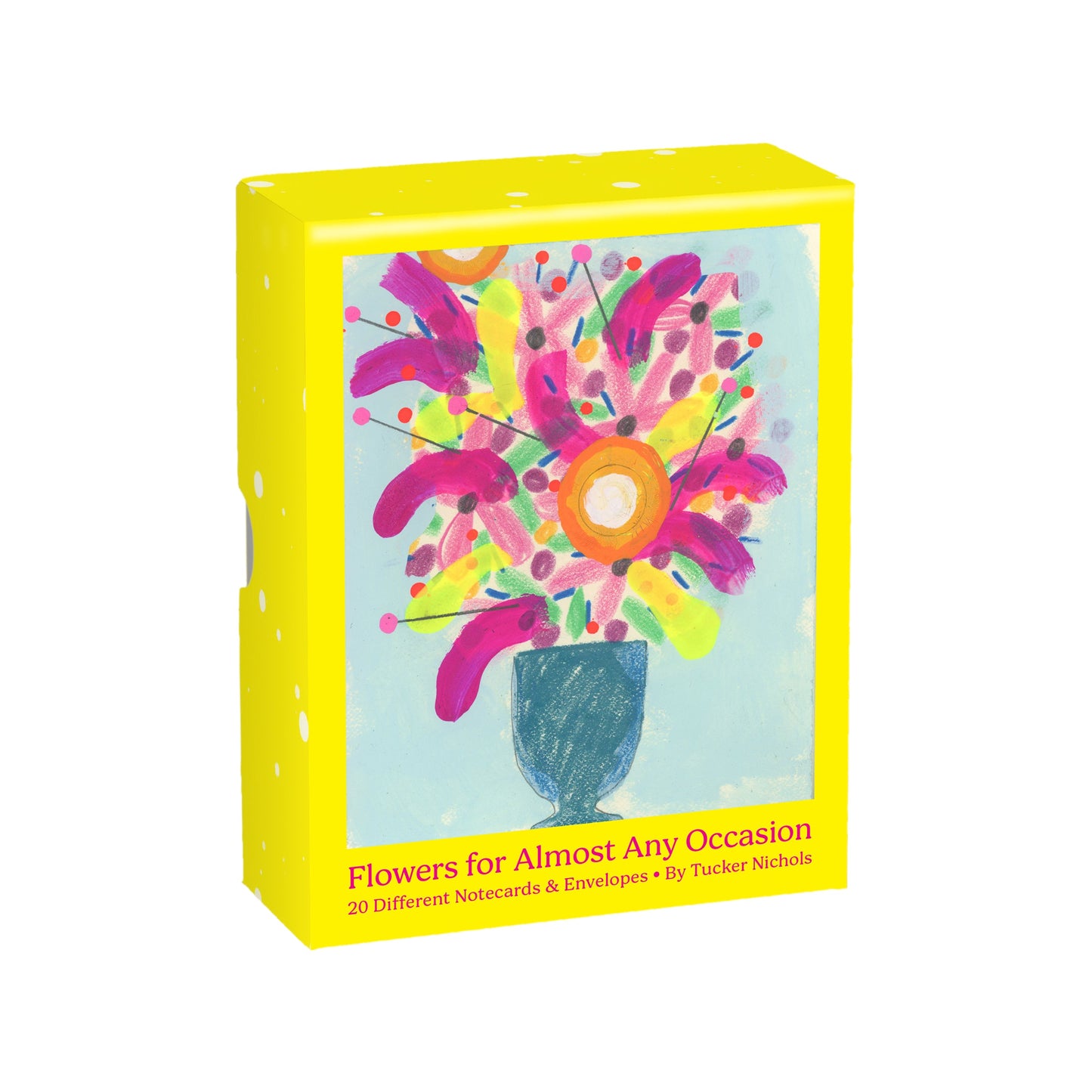 Bright yellow boxed floral picture book with colorful bouquet in a blue vase