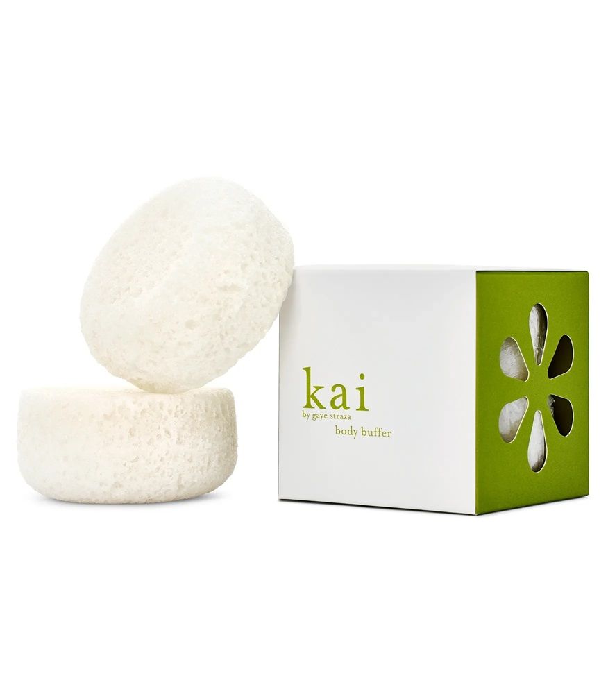 Off-white round body buffer pad with small matching box, green label