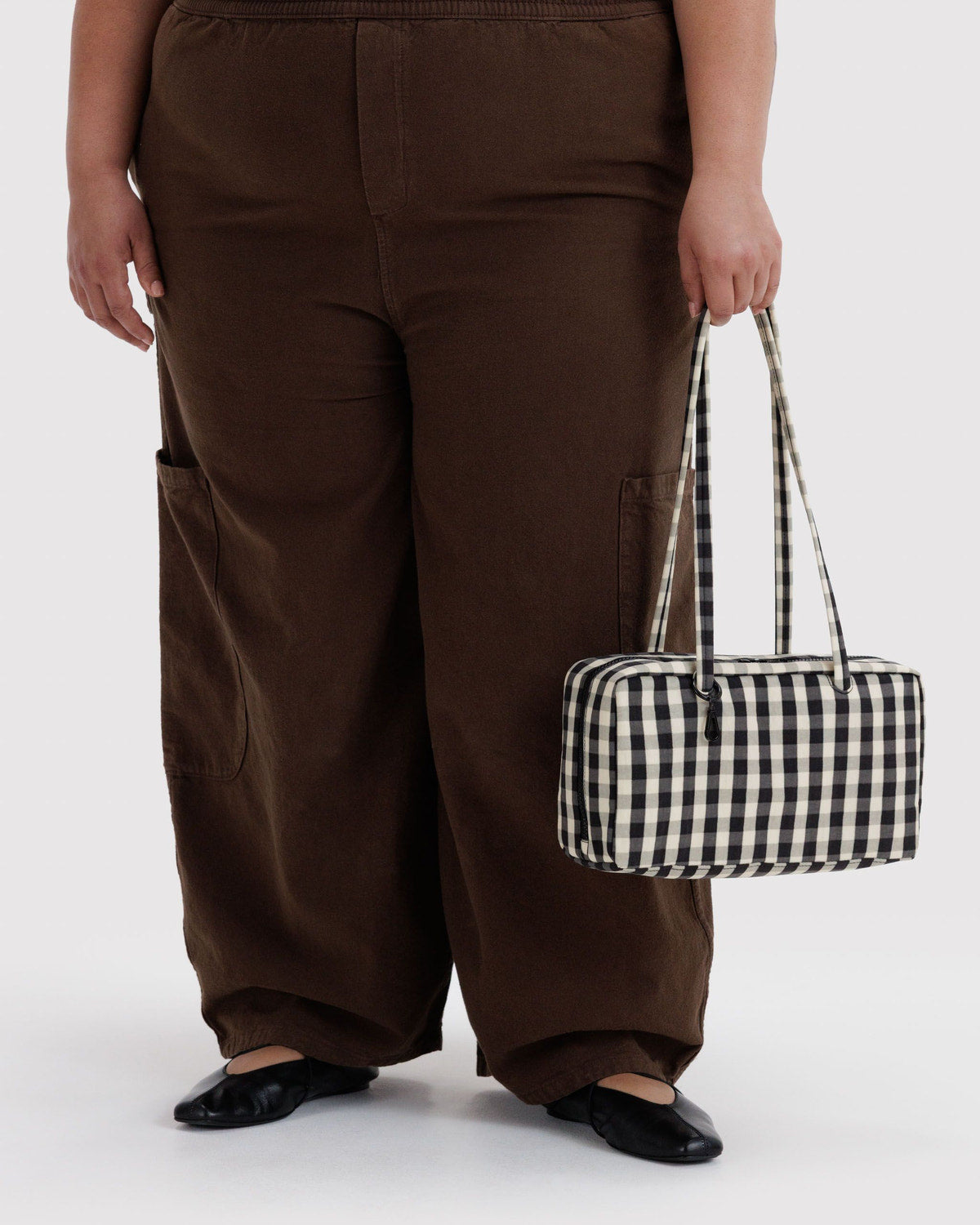 Black and white gingham nylon bowler bag, top handles and zip front