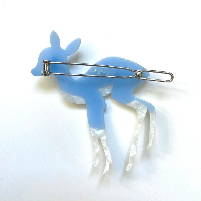 Blue deer hair clip with silver pin bar and deer silhouette