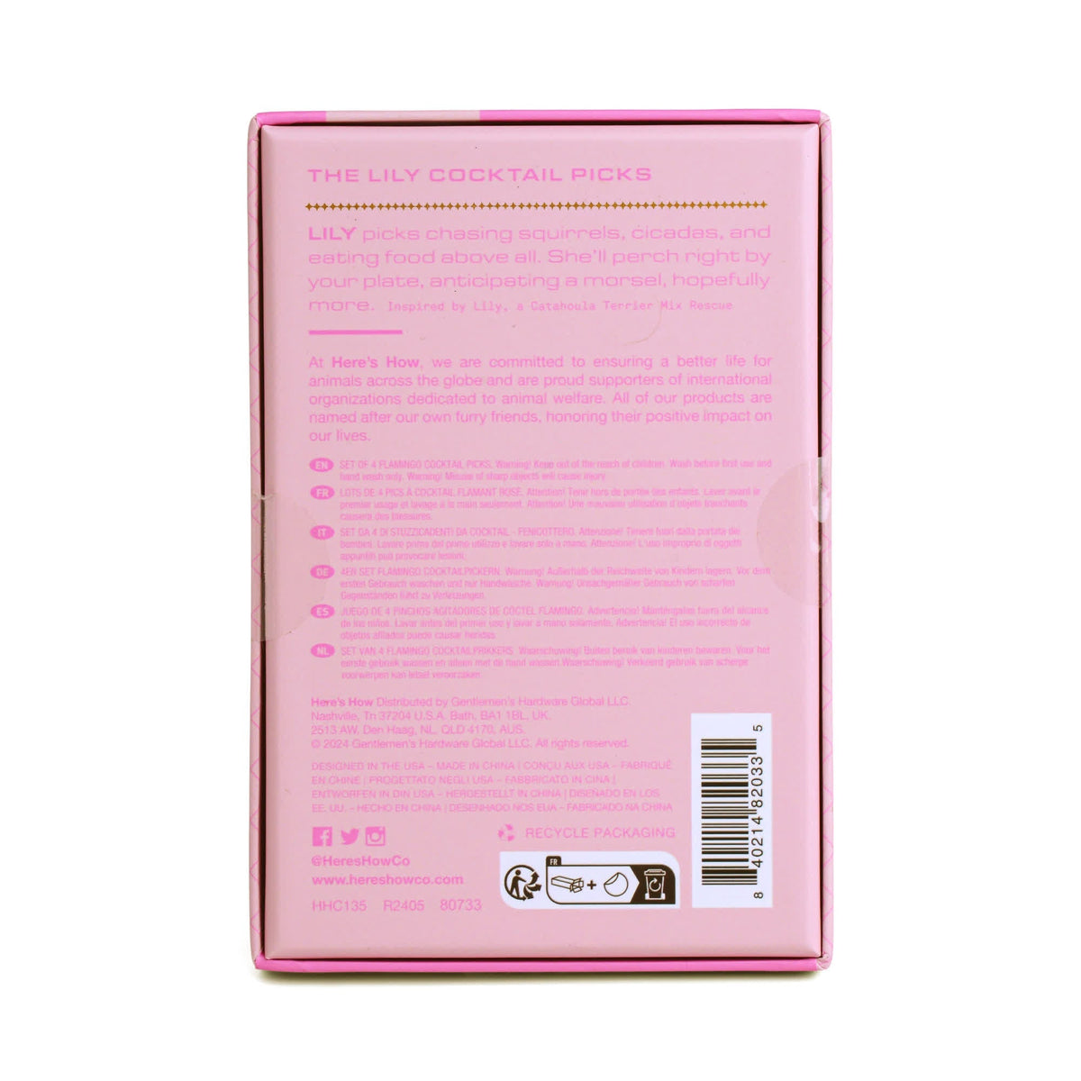 Pink cocktail pick box back panel with product info and barcode
