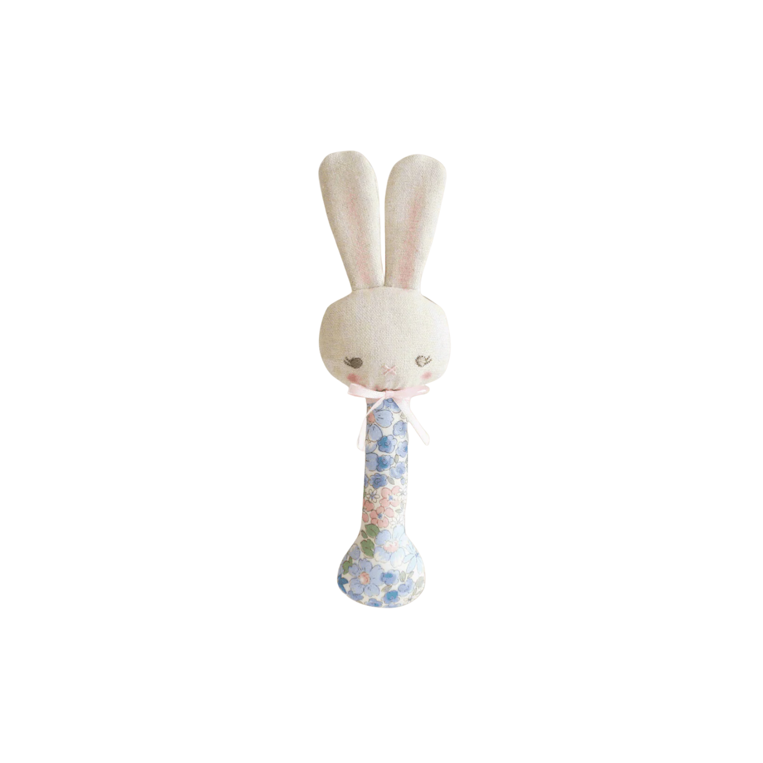 Baby bunny plush stick rattle, light blue patterned fabric tail and paws