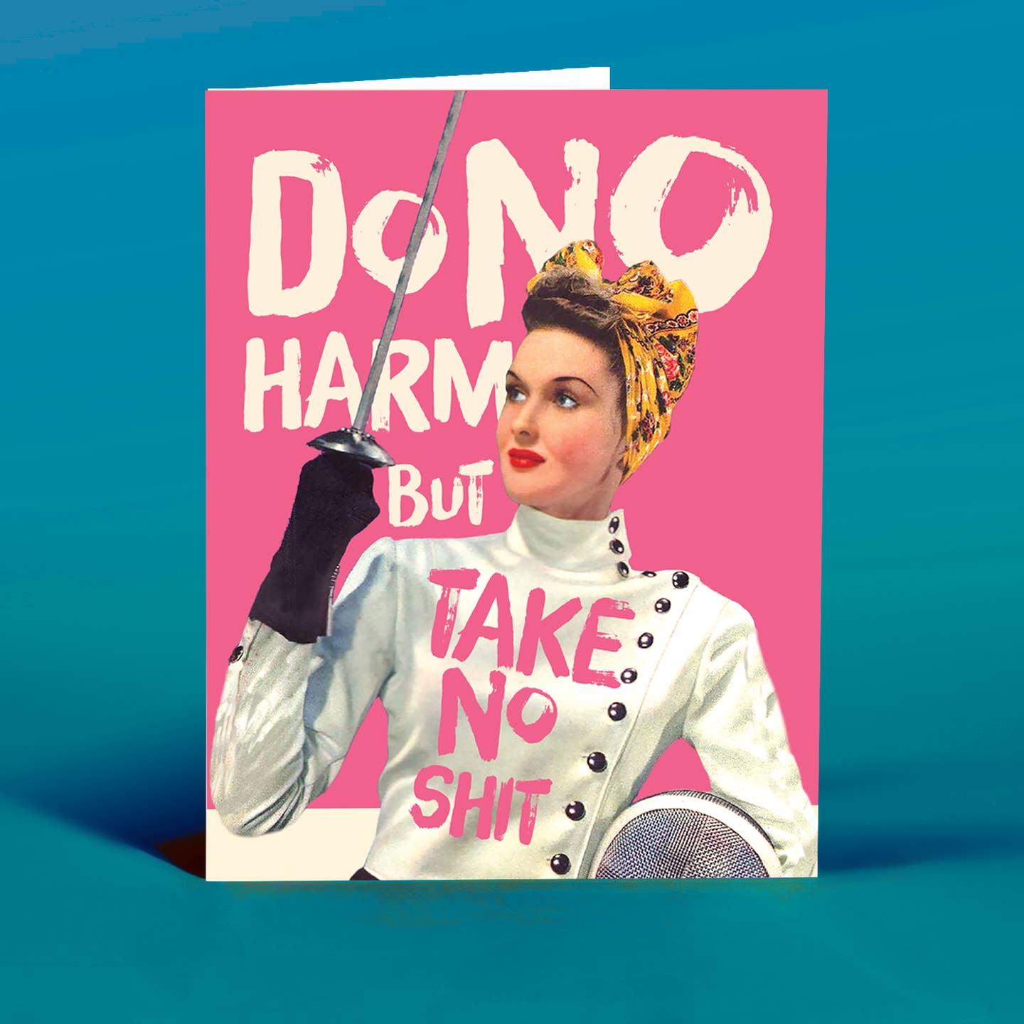 Greeting card, pink cover with illustrated woman and bold text 'TAKE NO SHIT'