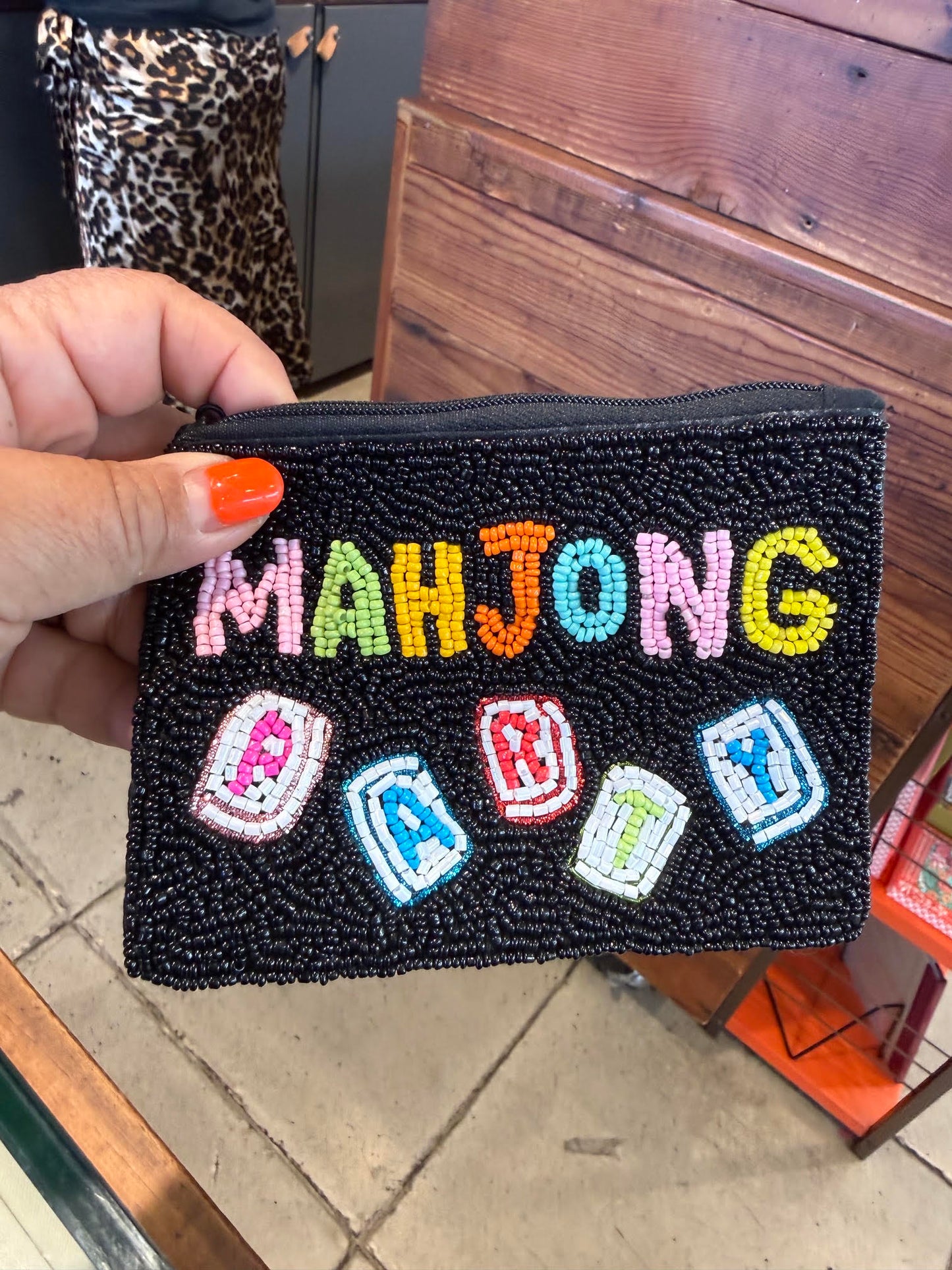 Beaded Pouch - Mahjong Party Black