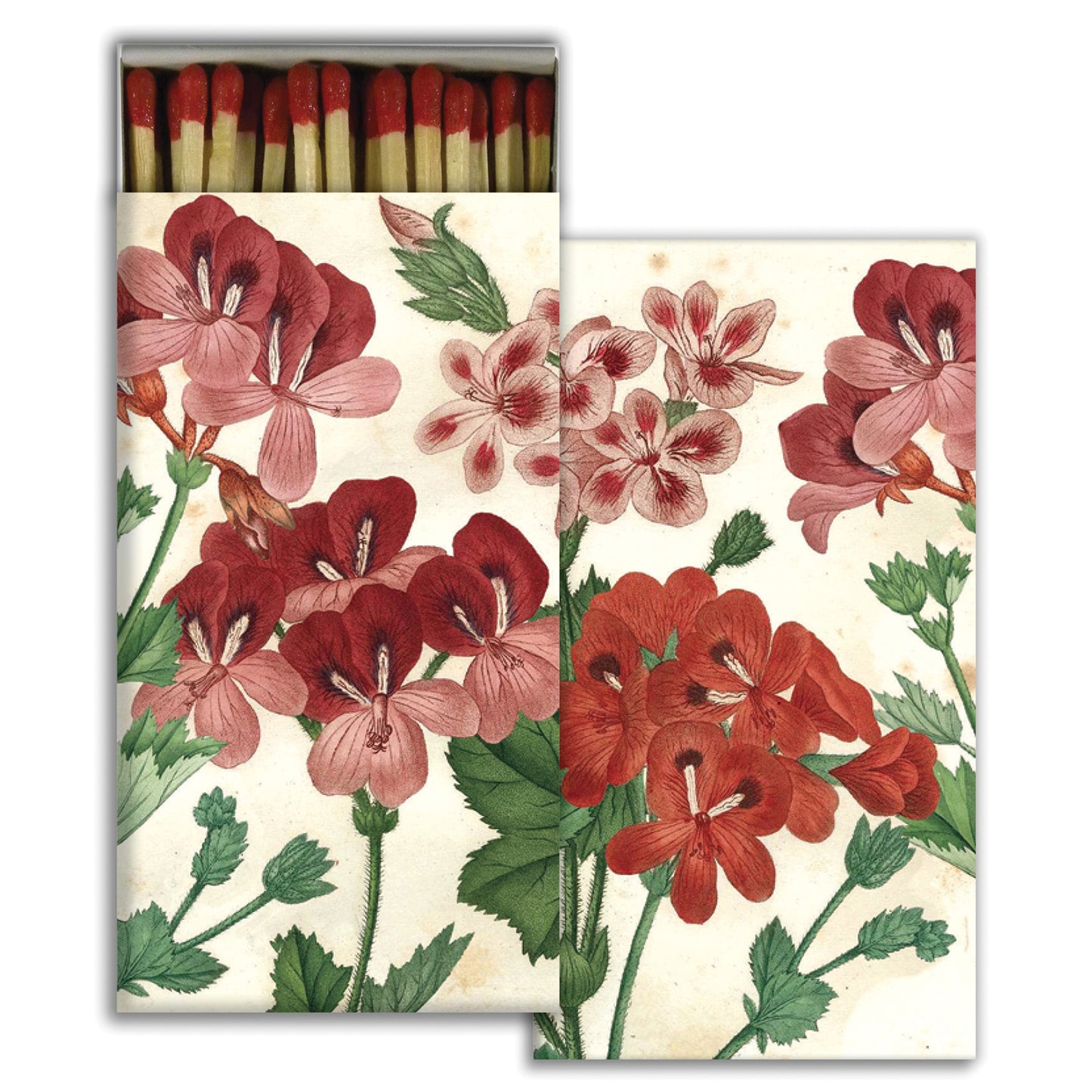 Floral matches set with geranium-style red and burgundy flowers on cream wrapper