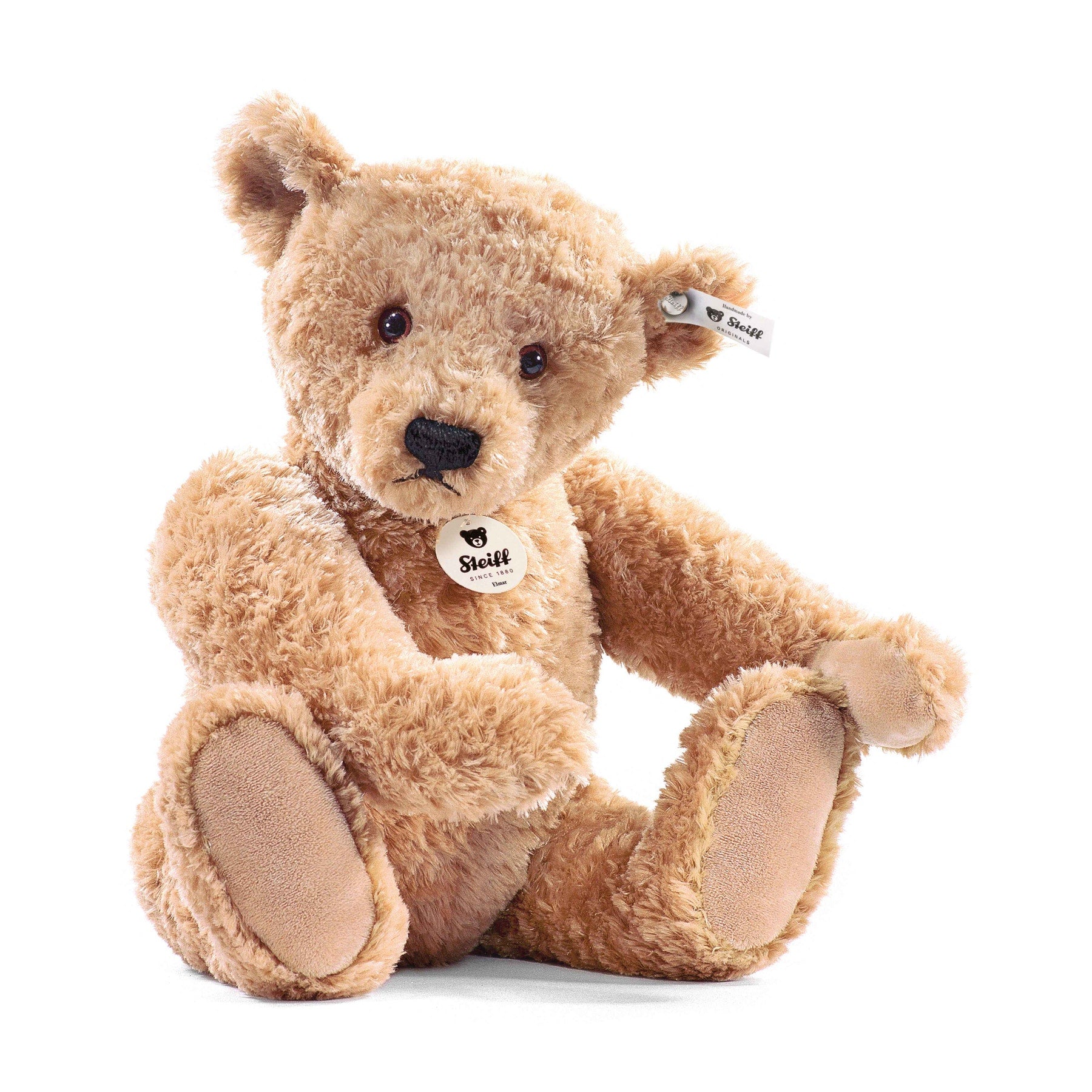 Tan 16-inch teddy bear plush, sitting with stitched nose and paw pads