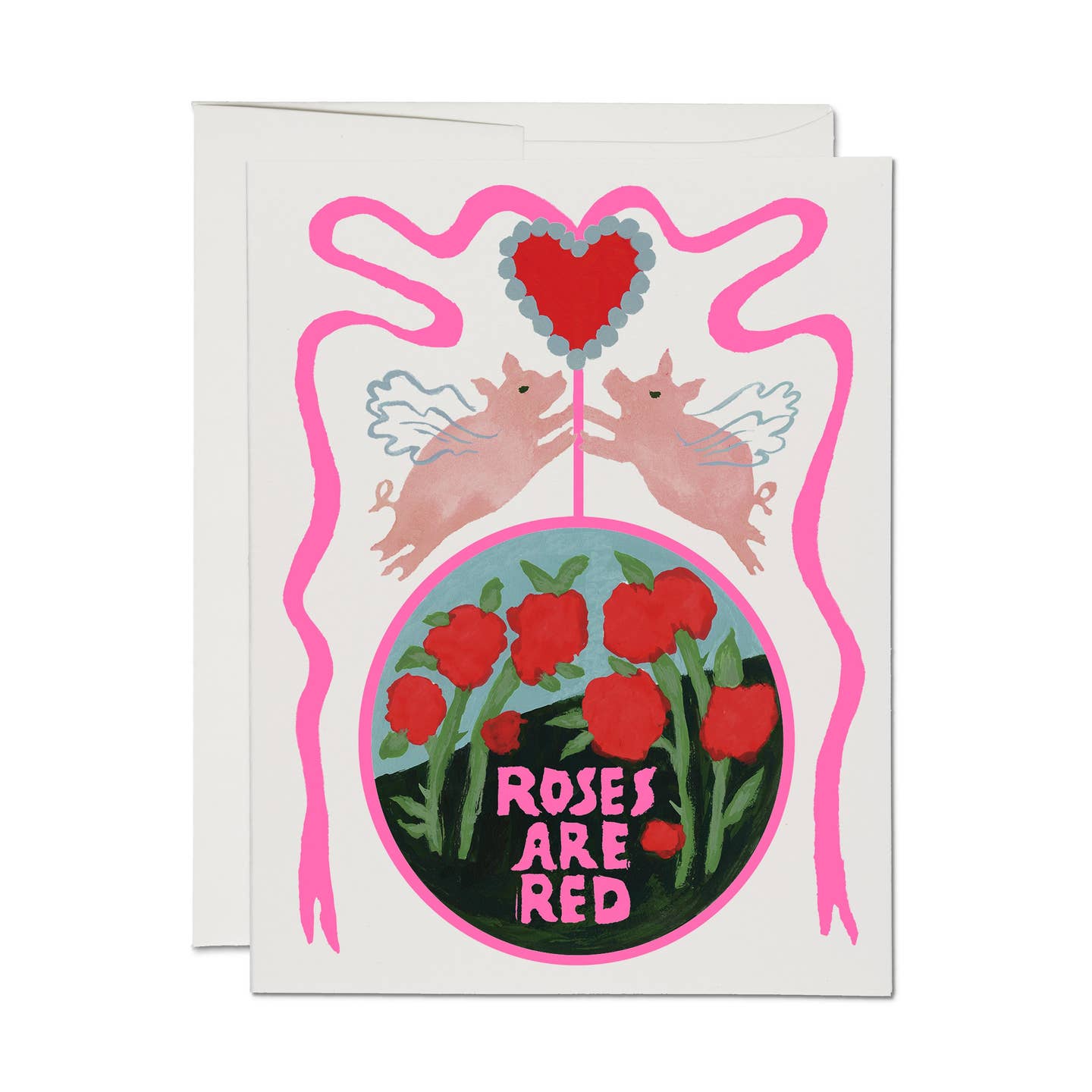 Roses-themed greeting card with heart, two doves, pink frame, and 'ROSES ARE RED'.