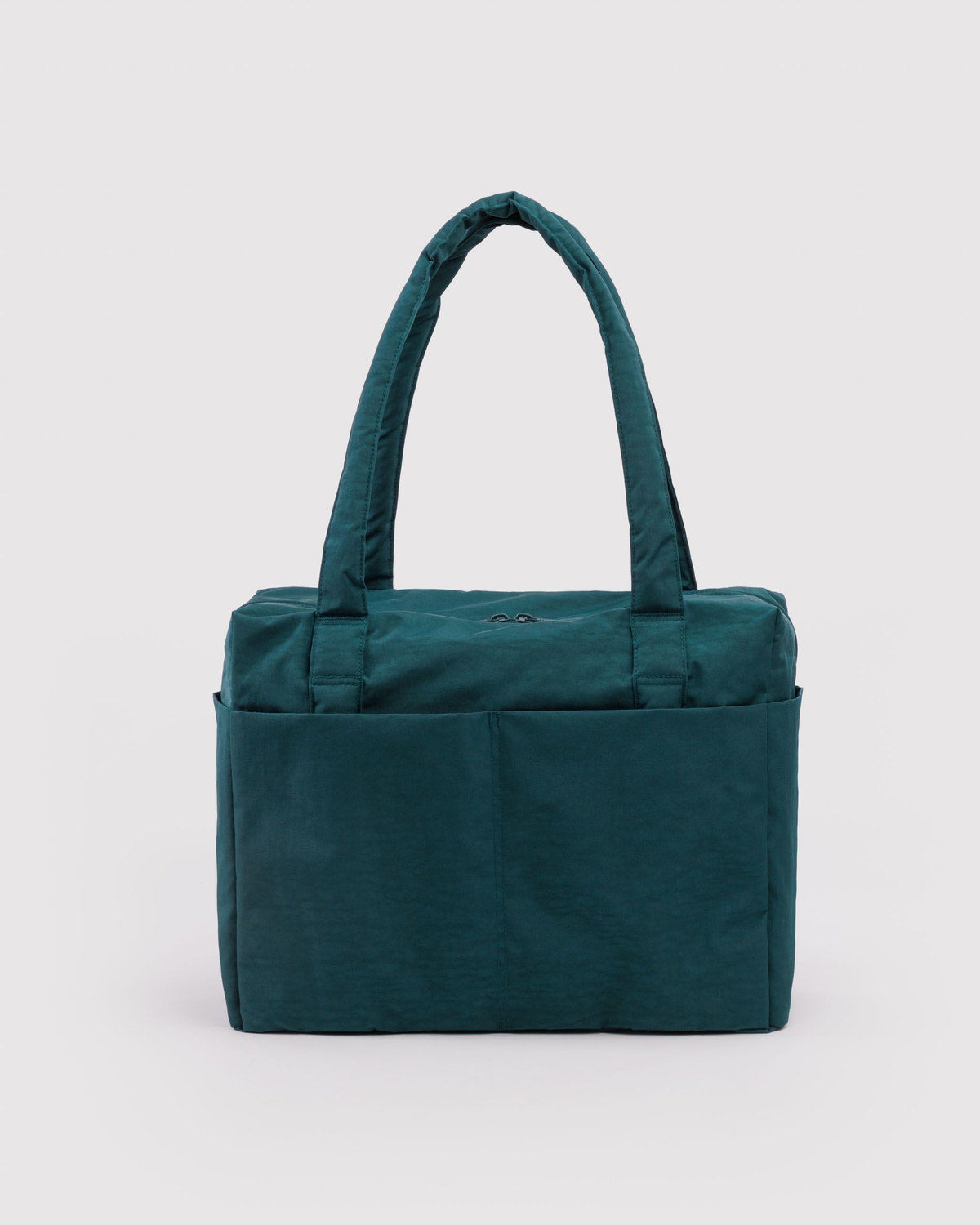 Teal carry-on tote bag with top handles and a flat front panel