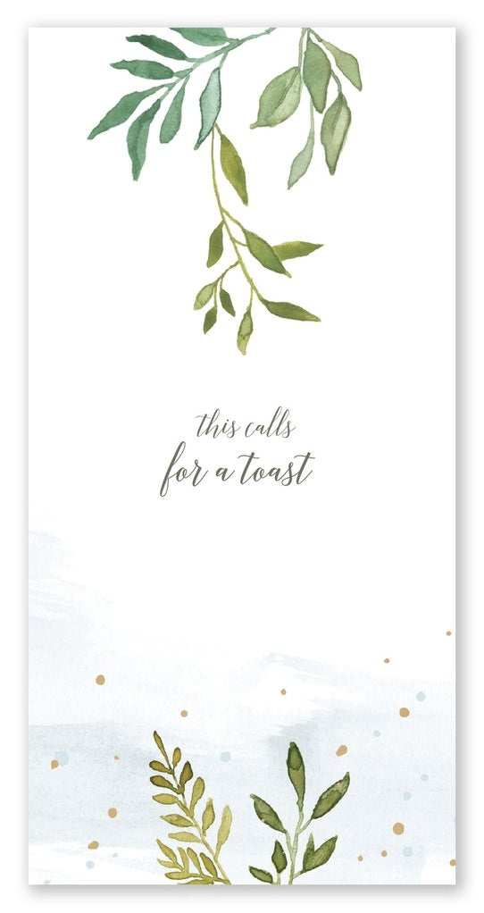 Champagne toast greeting card front with “this calls for a toast” and leafy sprigs