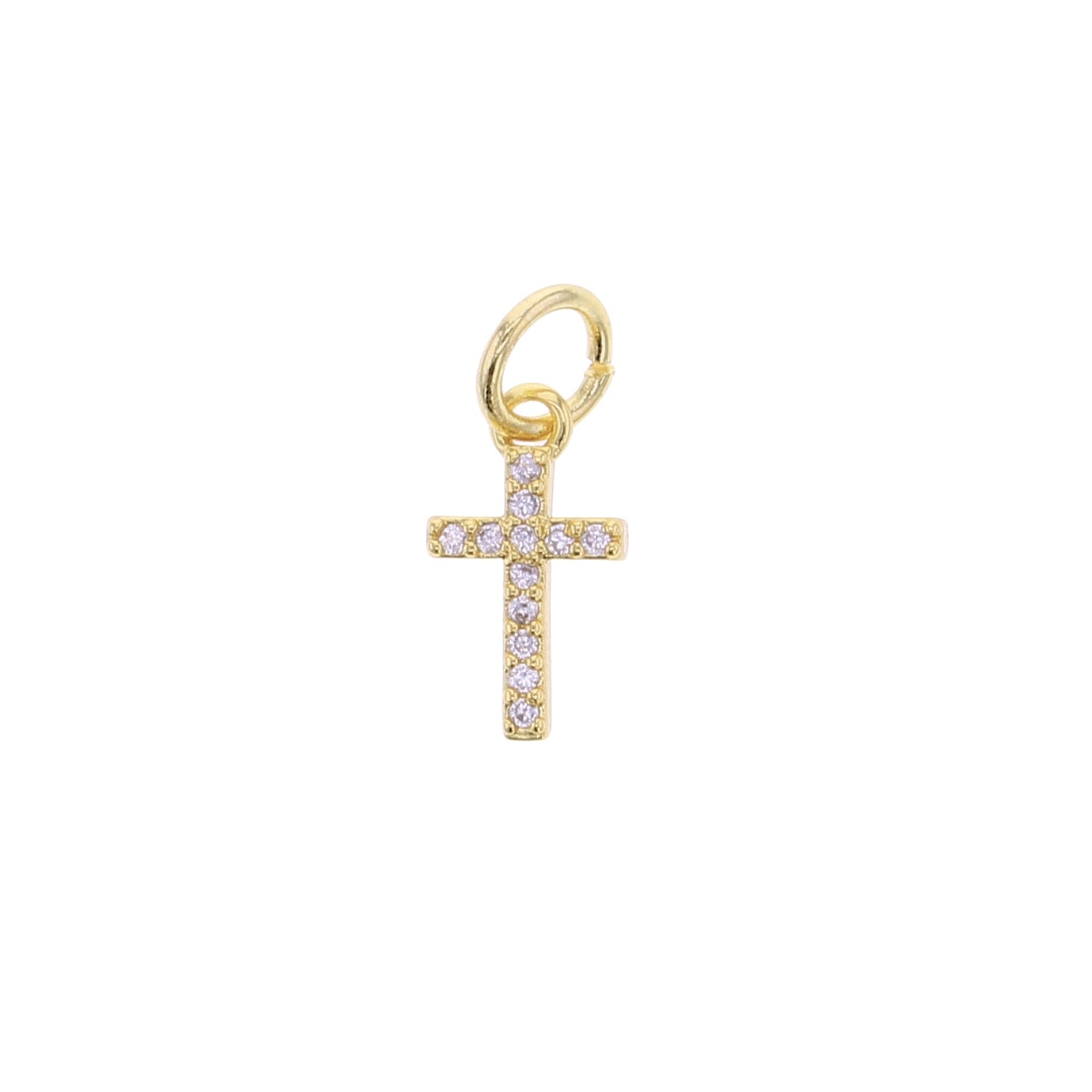 Gold cross charm with CZ pave stones and a round hanging loop ring