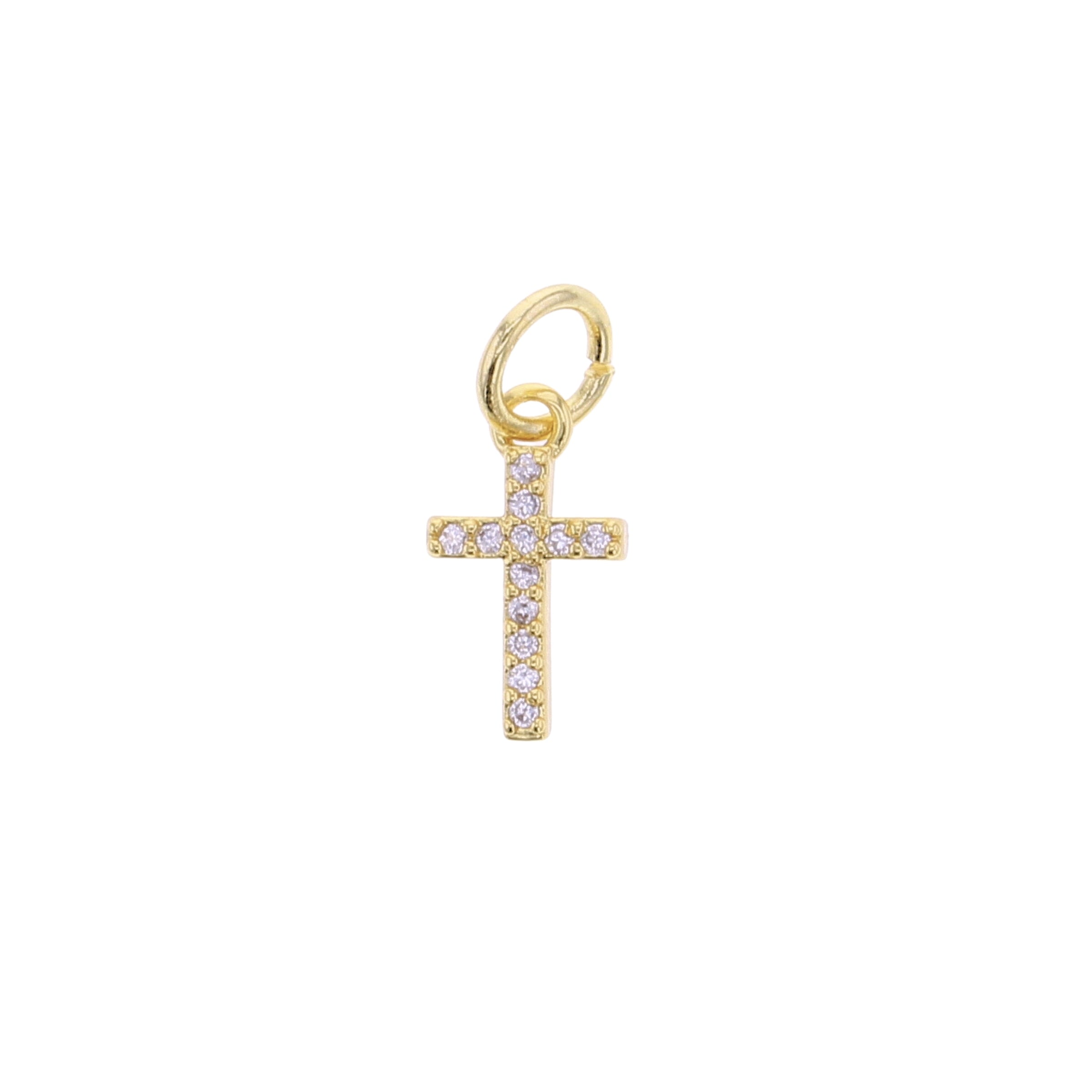 Gold cross charm with CZ pave stones and a round hanging loop ring
