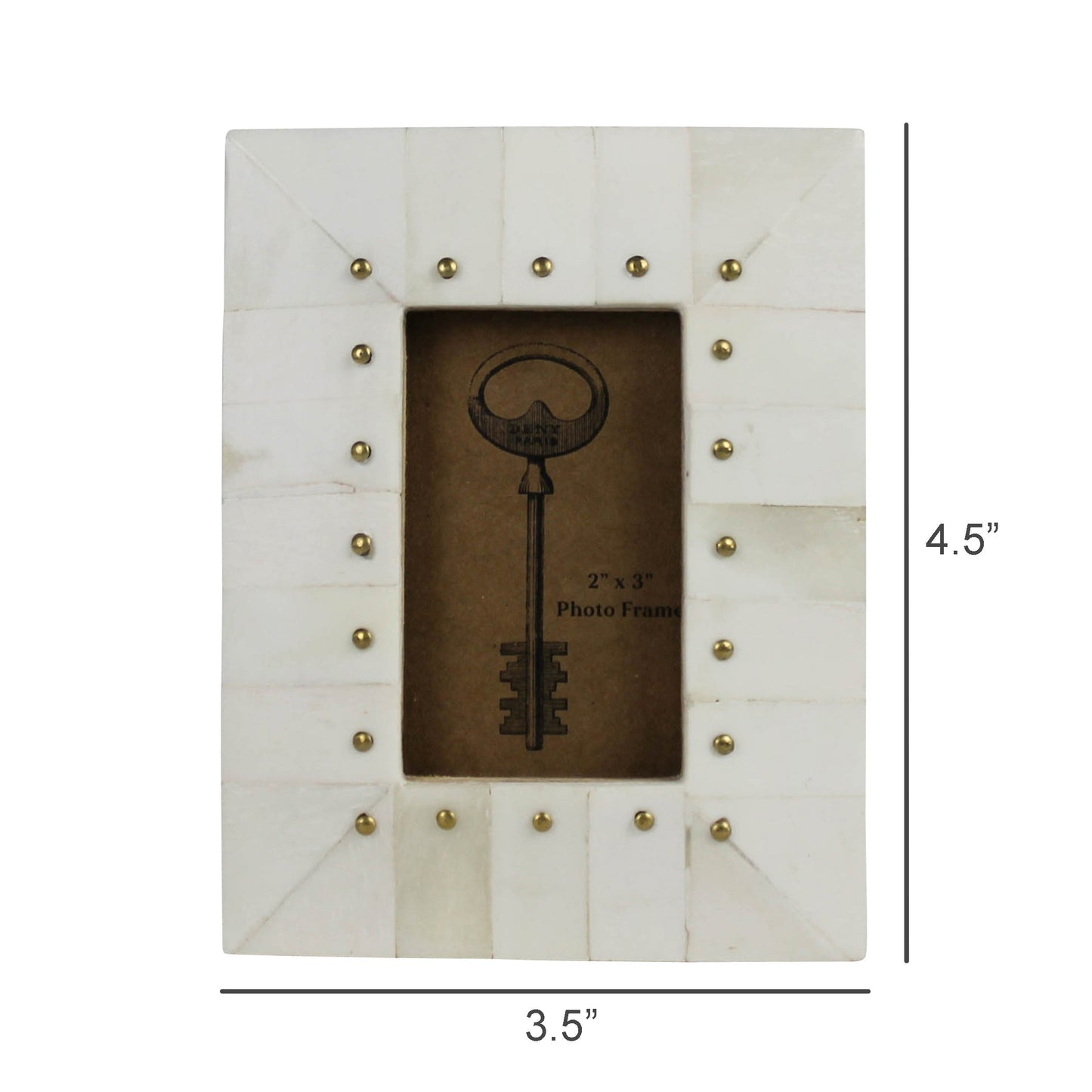 Rectangular bone photo frame with brass rivets, cream white, dark center photo mat.