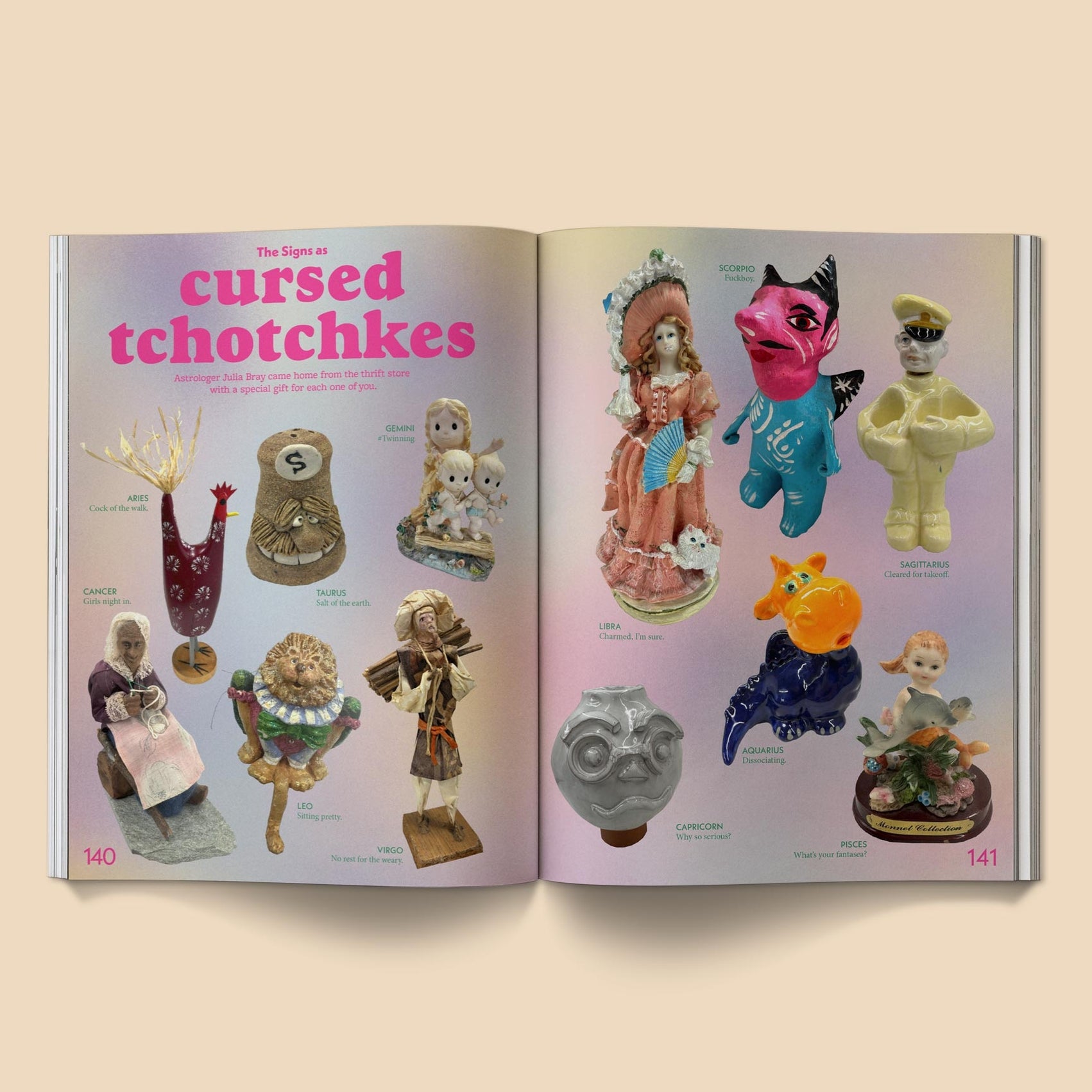 Open magazine spread with colorful illustrated characters and bold page headings