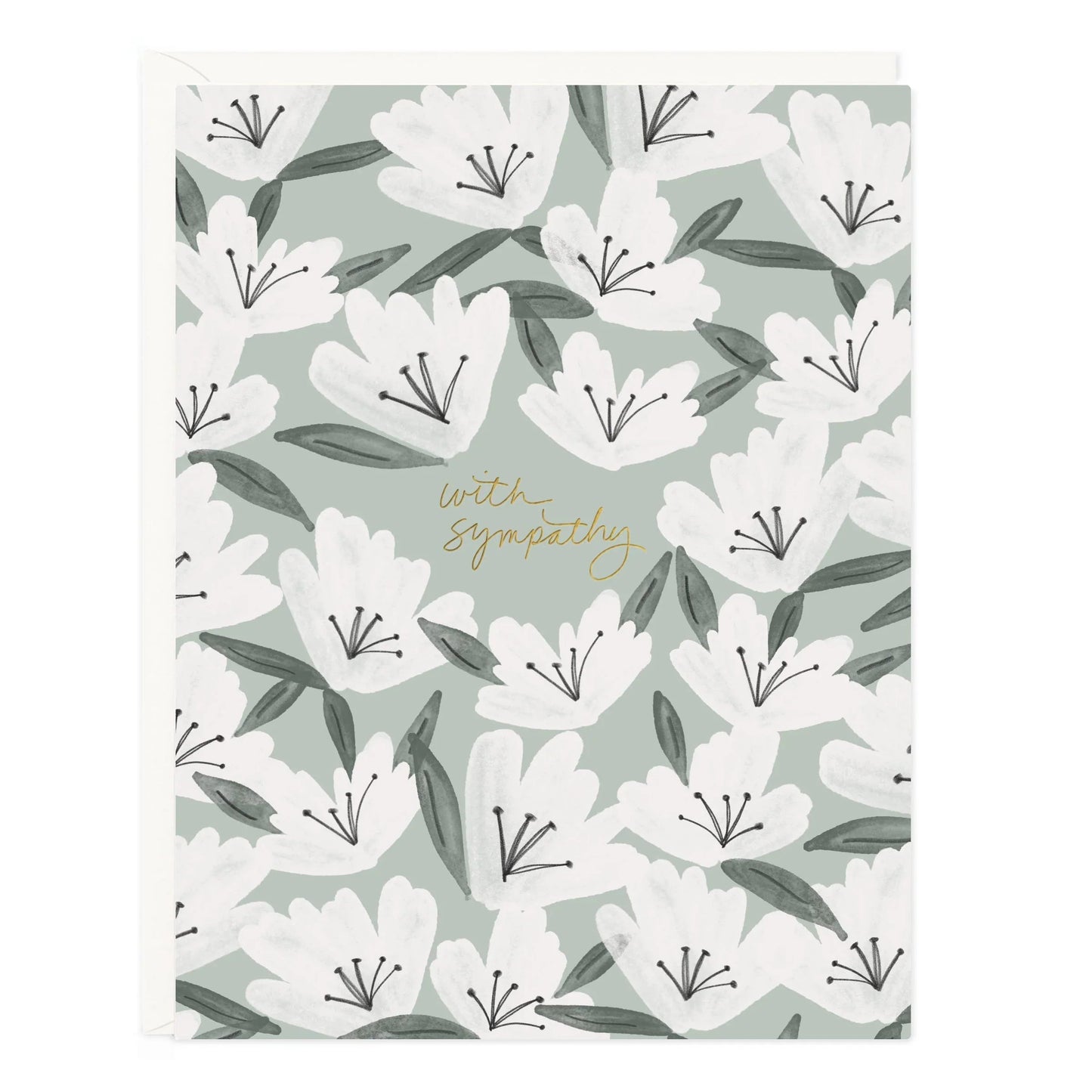 Sympathy greeting card with white flowers and green leaf pattern