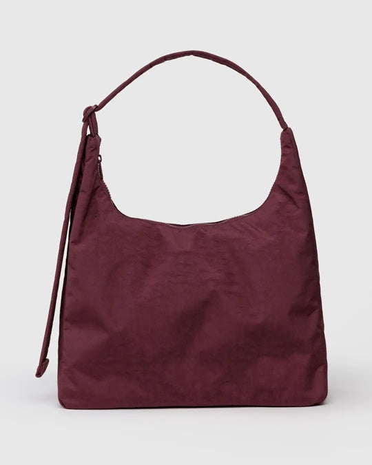 Burgundy nylon shoulder bag with curved top handles and front ruched panel