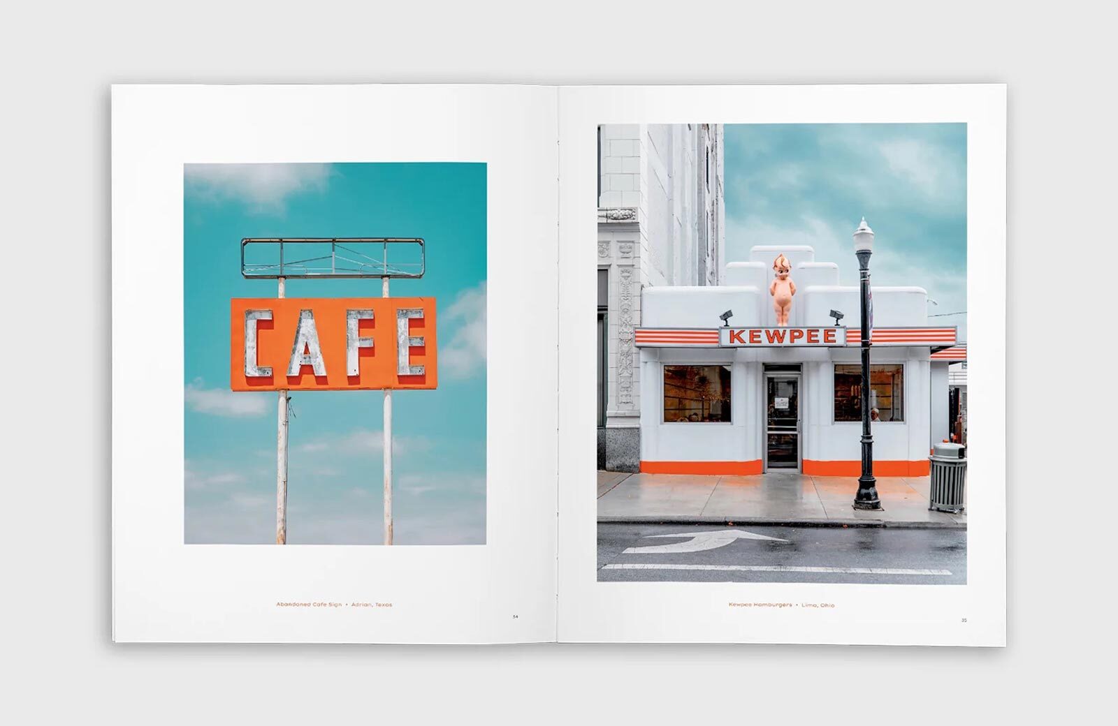 Open photo book spread with cafe sign on left and storefront street scene on right