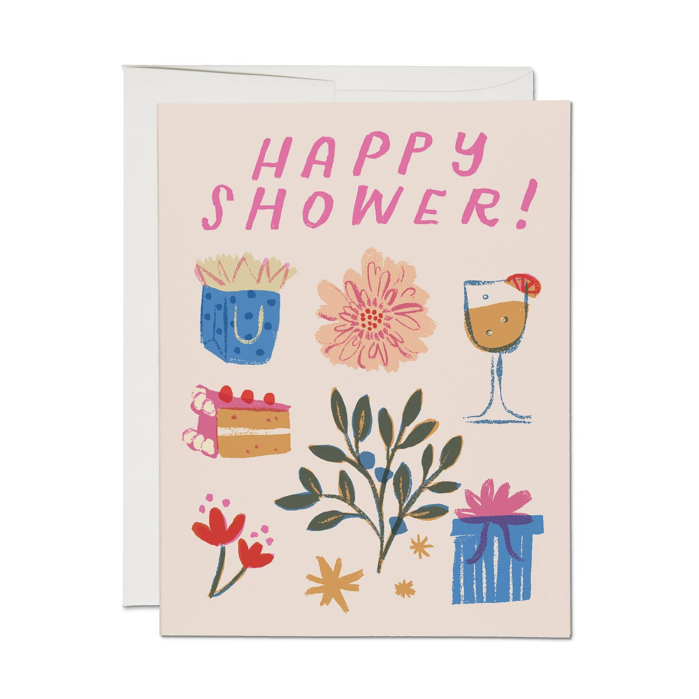 Shower greeting card with 'Happy Shower!' and flower, cake, drink illustrations