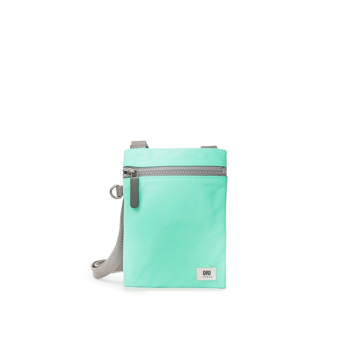 Mint teal recycled nylon pocket crossbody bag with top zipper and gray adjustable strap