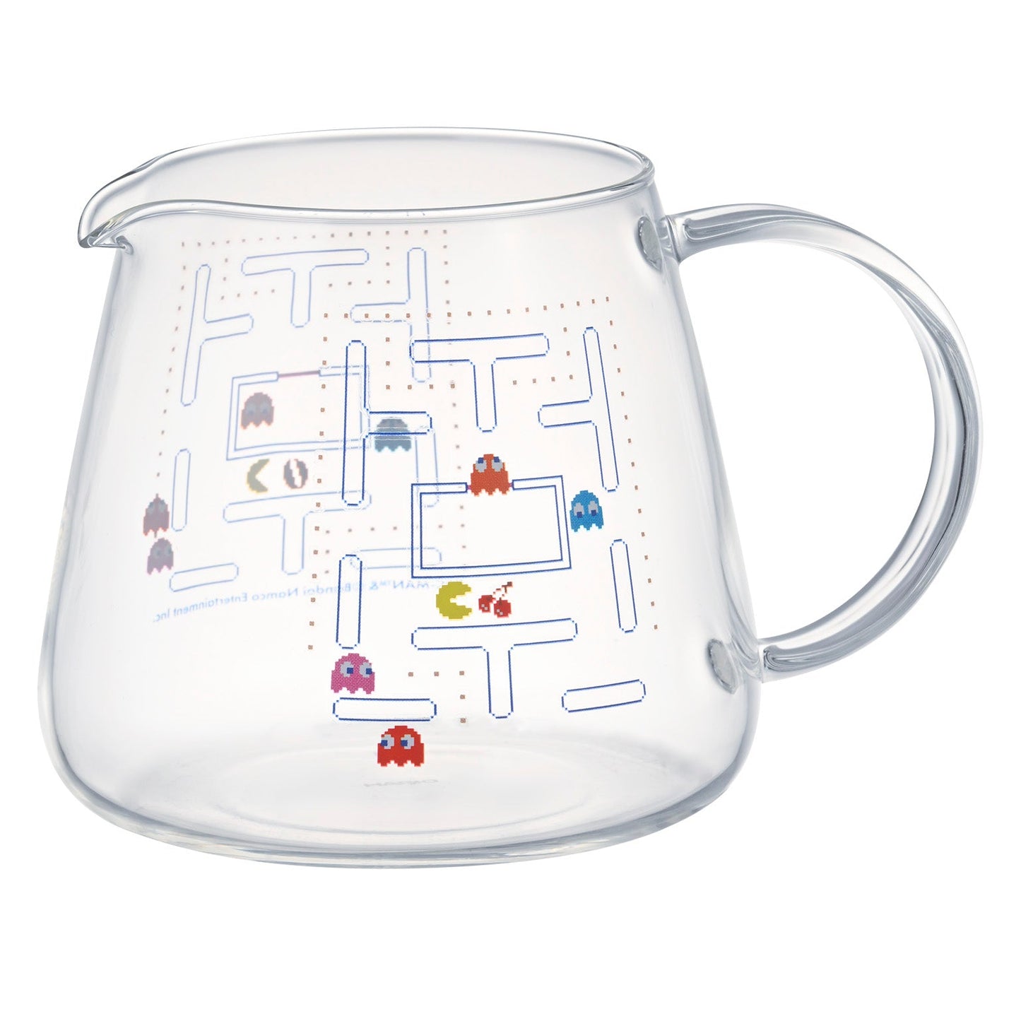 Clear glass coffee carafe with blue PAC-MAN maze graphic and loop handle