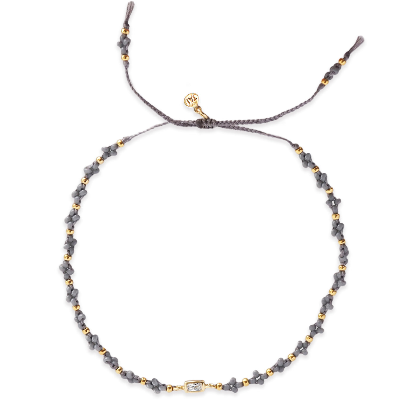 Grey beaded knotted bracelet with gold clear baguette CZ charm and tiny bead accents