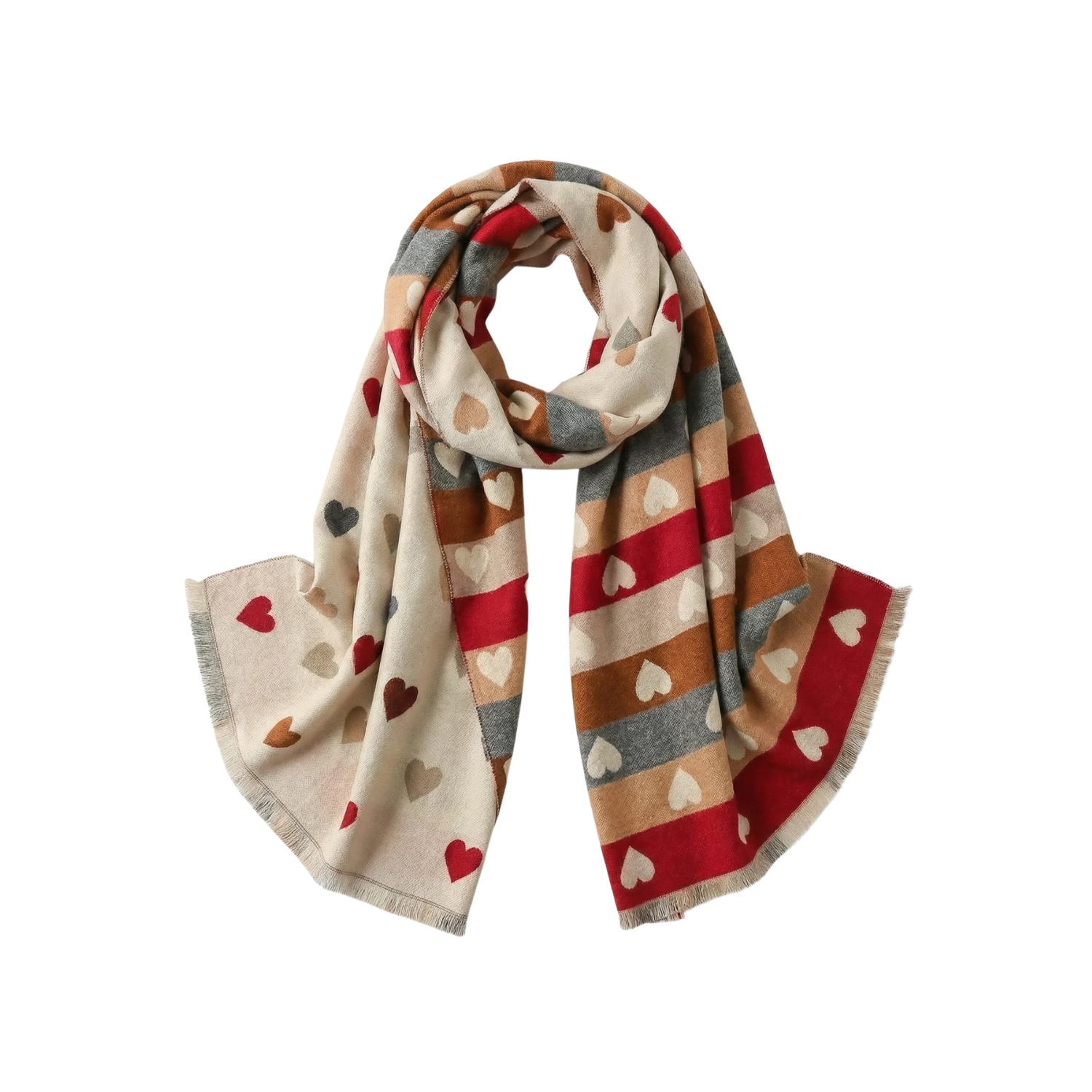 Heart pattern wrap scarf, beige with red, brown, and gray heart blocks
