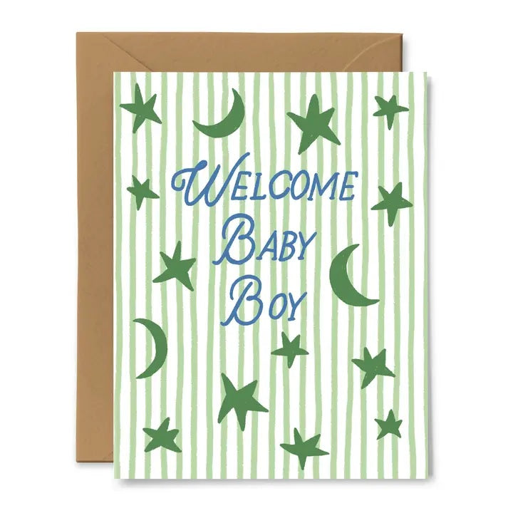 Baby boy greeting card, green striped front with stars, moon, and 'WELCOME BABY BOY' text