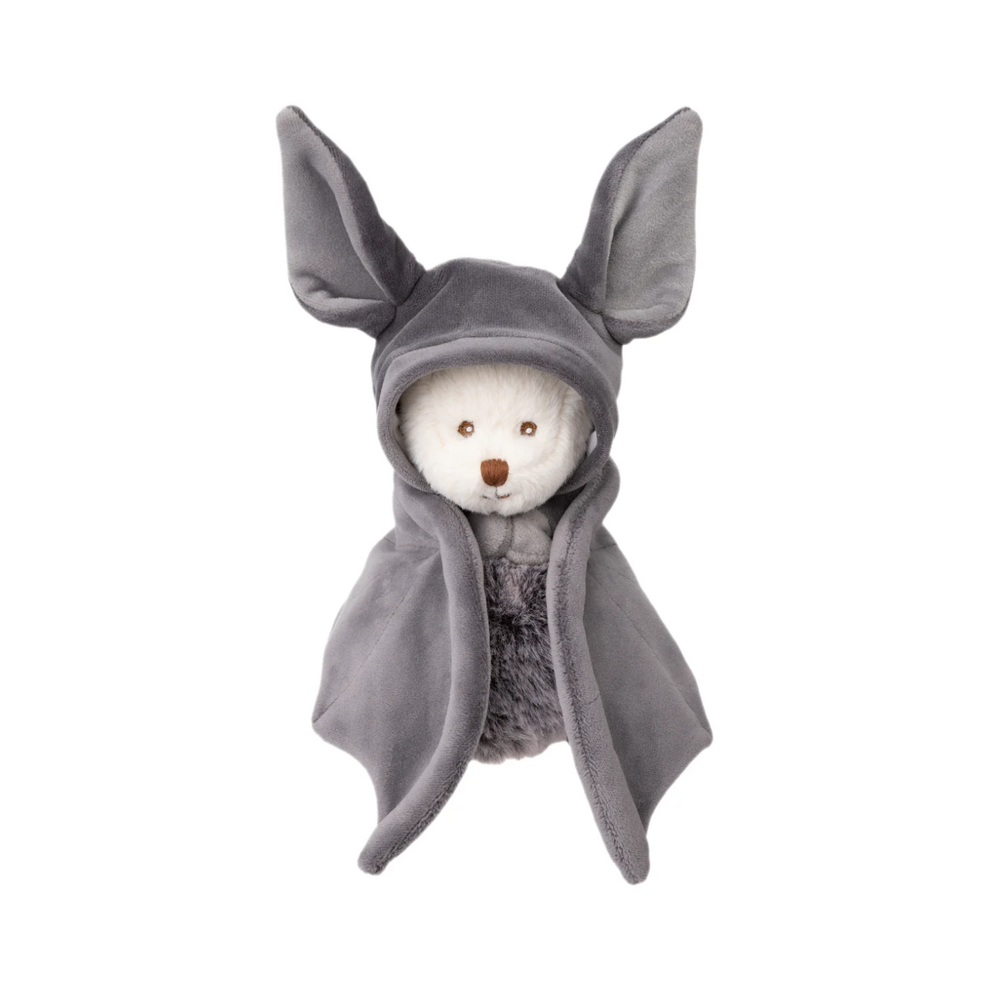 Gray plush bat toy wearing a hood with pointed ears and soft paw pads