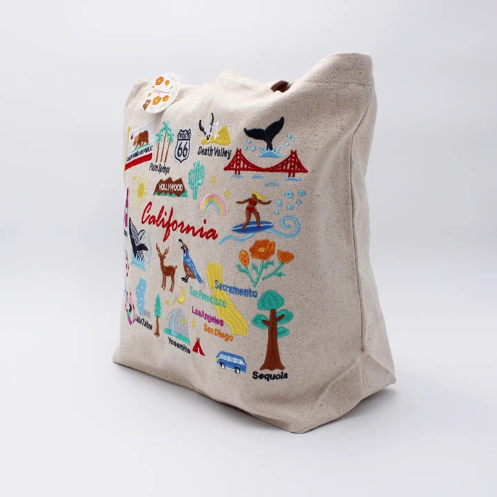 Natural canvas tote bag with California embroidery, top handles, and side view