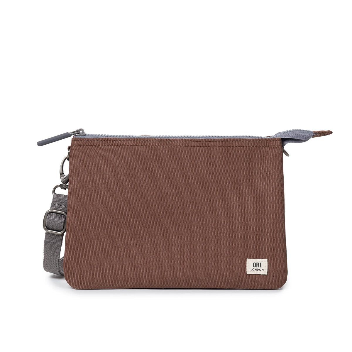 Medium canvas zipper pouch, brown with gray strap and side rings