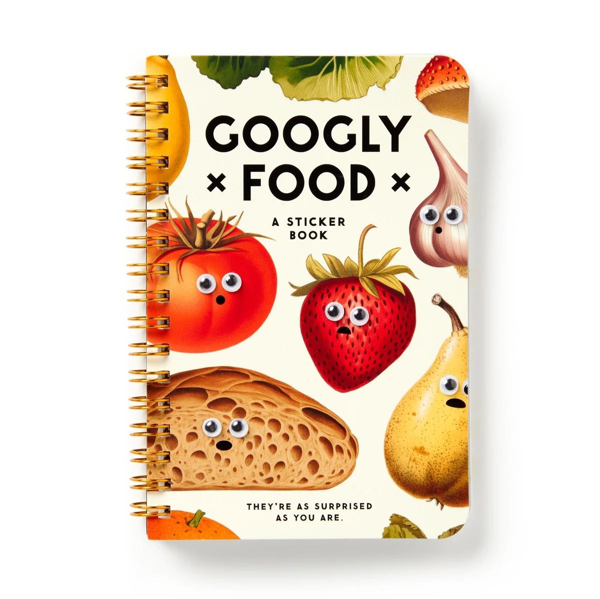 Googly food sticker book, front cover with strawberries, oranges, and other foods with eyes