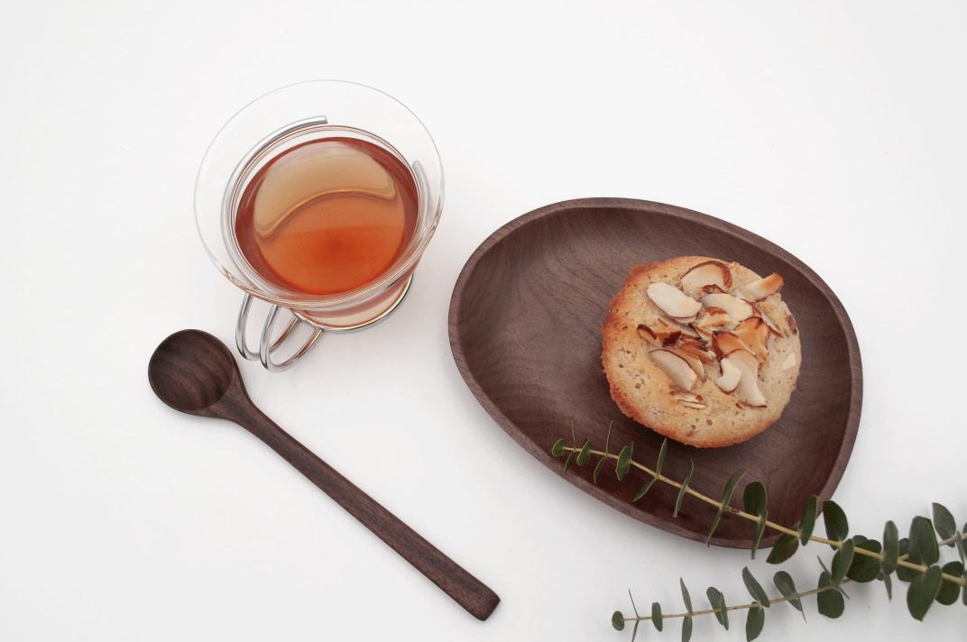 Walnut wood stirring spoon, 6.5 in, dark round bowl and extended handle
