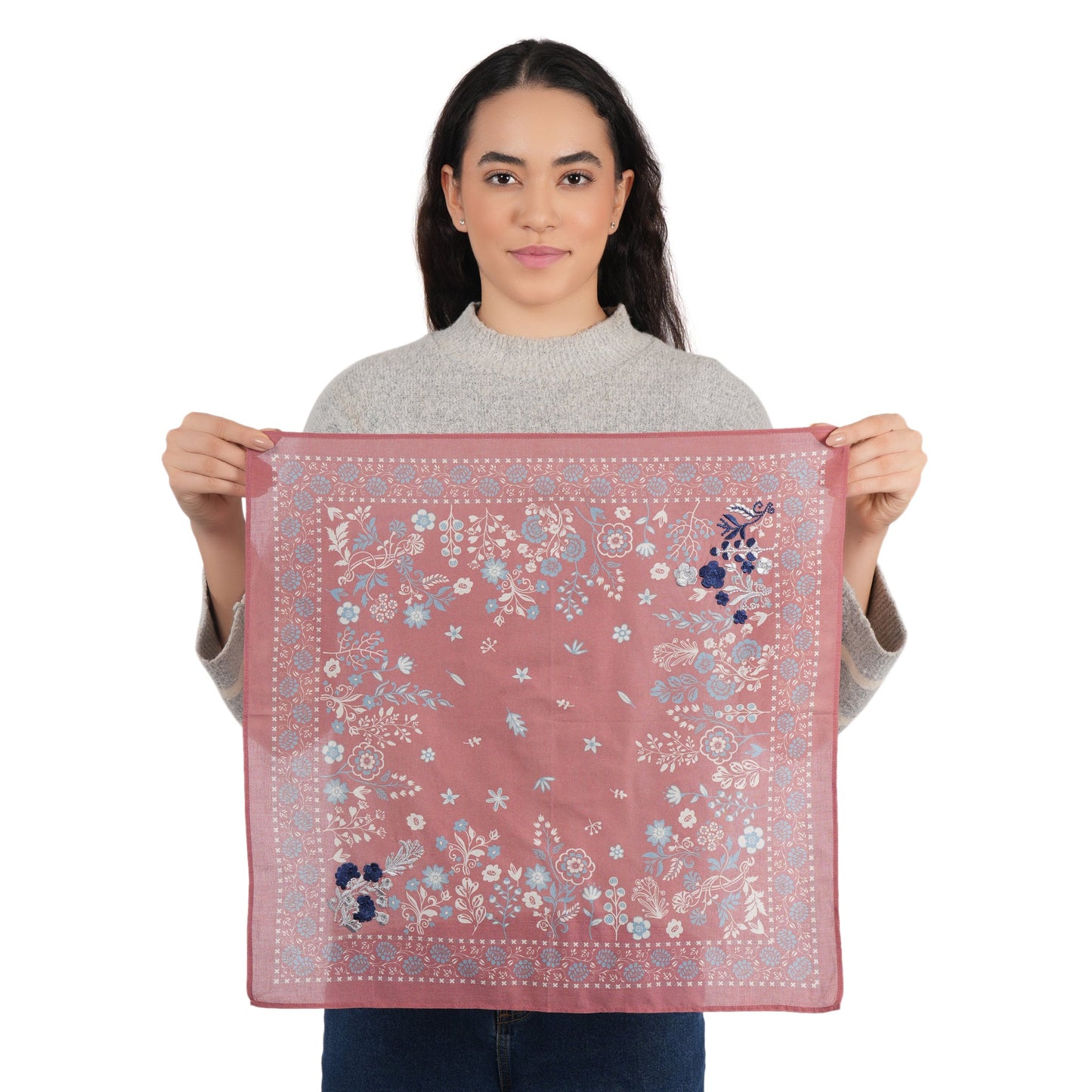 Cotton scarf/bandana in dusty rose with floral print, fringeless border