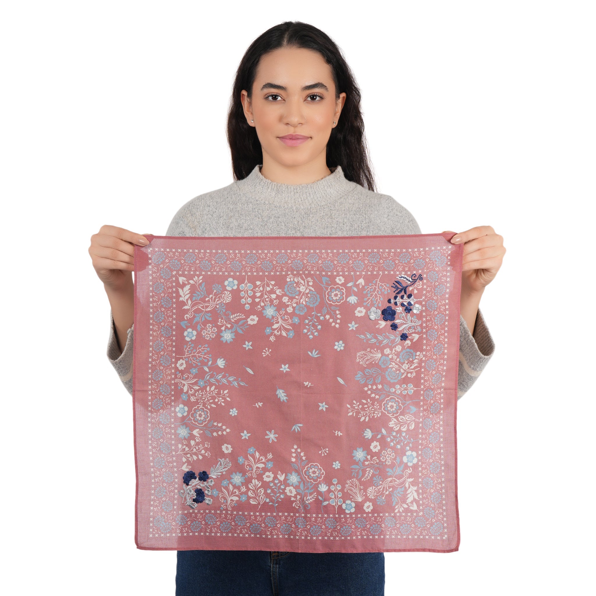 Cotton scarf/bandana in dusty rose with floral print, fringeless border