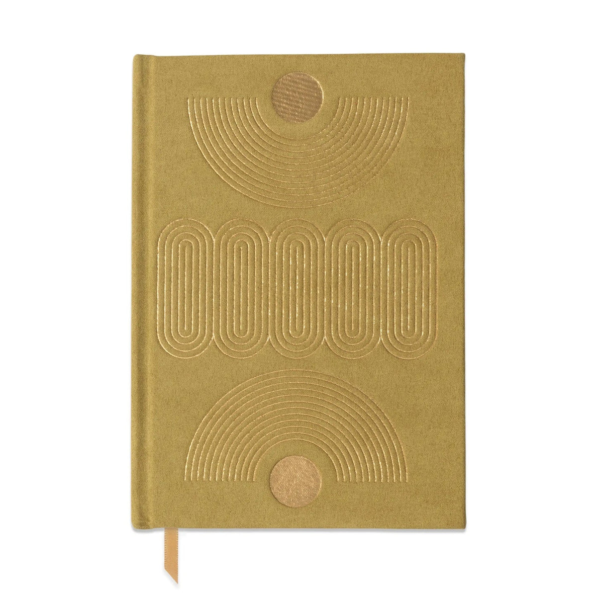 Metallic suede journal, olive green with embossed geometric cover design and ribbon bookmark