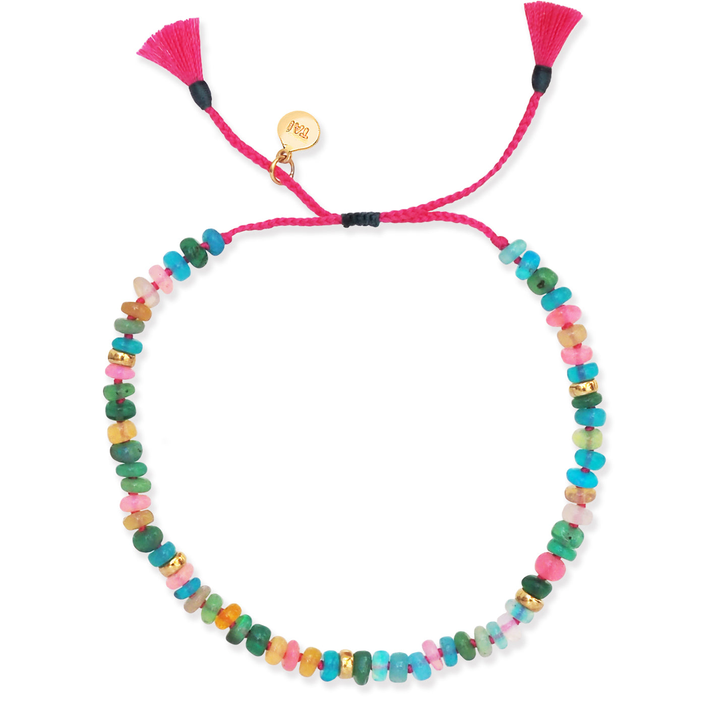 Pink cord multistone bracelet with heart toggle charm and tassel ends