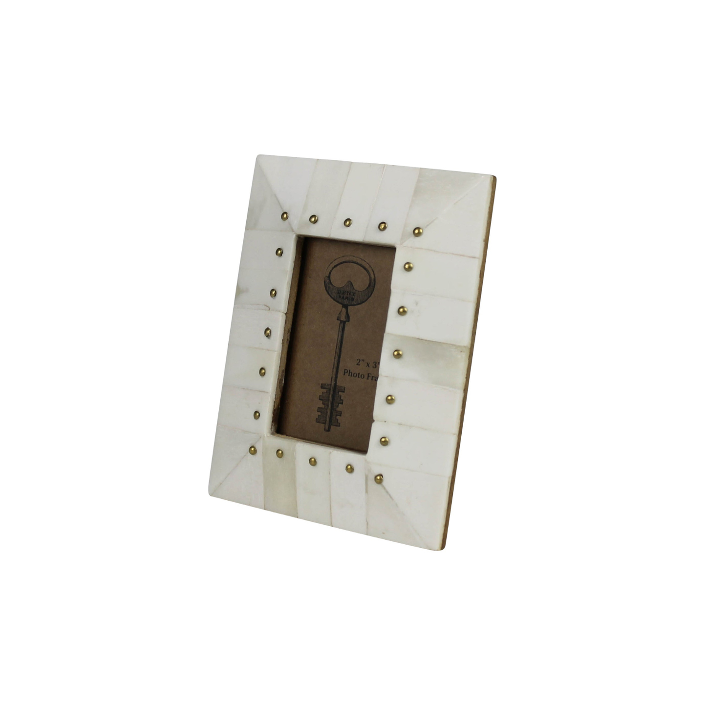 Rectangular bone photo frame with brass rivets, holds 2x3 photo, cream and bronze.