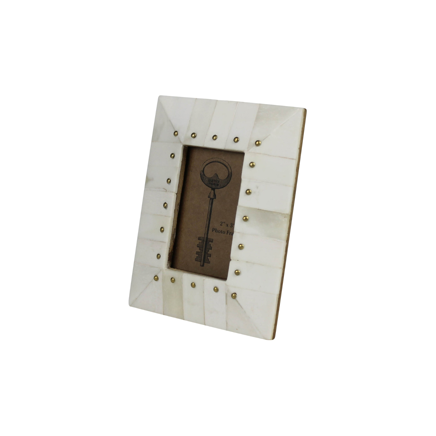 Rectangular bone photo frame with brass rivets, holds 2x3 photo, cream and bronze.