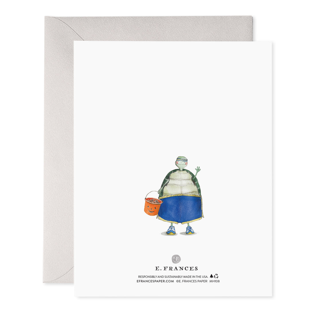 Halloween greeting card back with cartoon figure and “E. FRANCES” brand text
