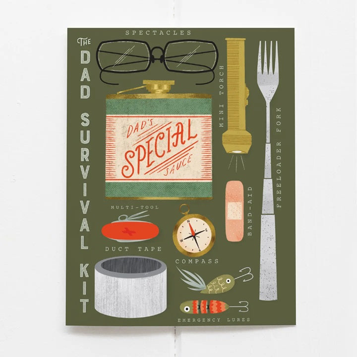 Green dad survival kit card with illustrated tools: compass, knife, fork, tape and pouch
