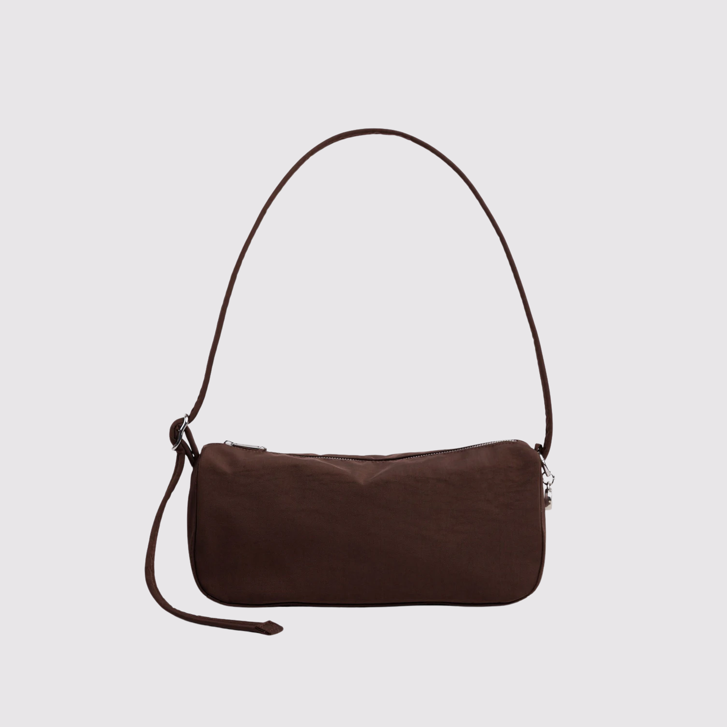 Brown nylon loaf bag with zip-top and curved top handle, crossbody strap included