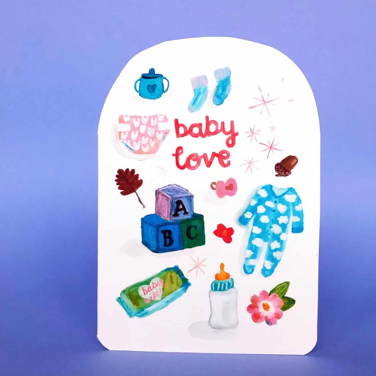 Baby love greeting card with arched white cover and colorful baby-themed illustration