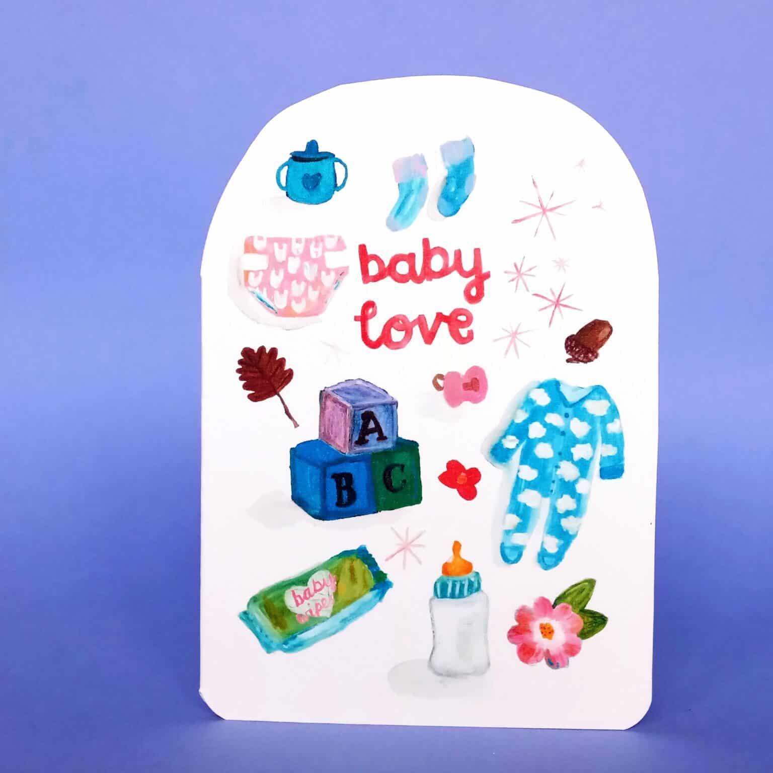Baby love greeting card with arched white cover and colorful baby-themed illustration