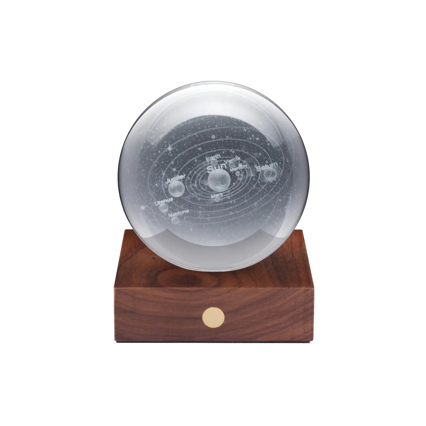 Starry solar system crystal globe night light with clear sphere on wood base, front notch