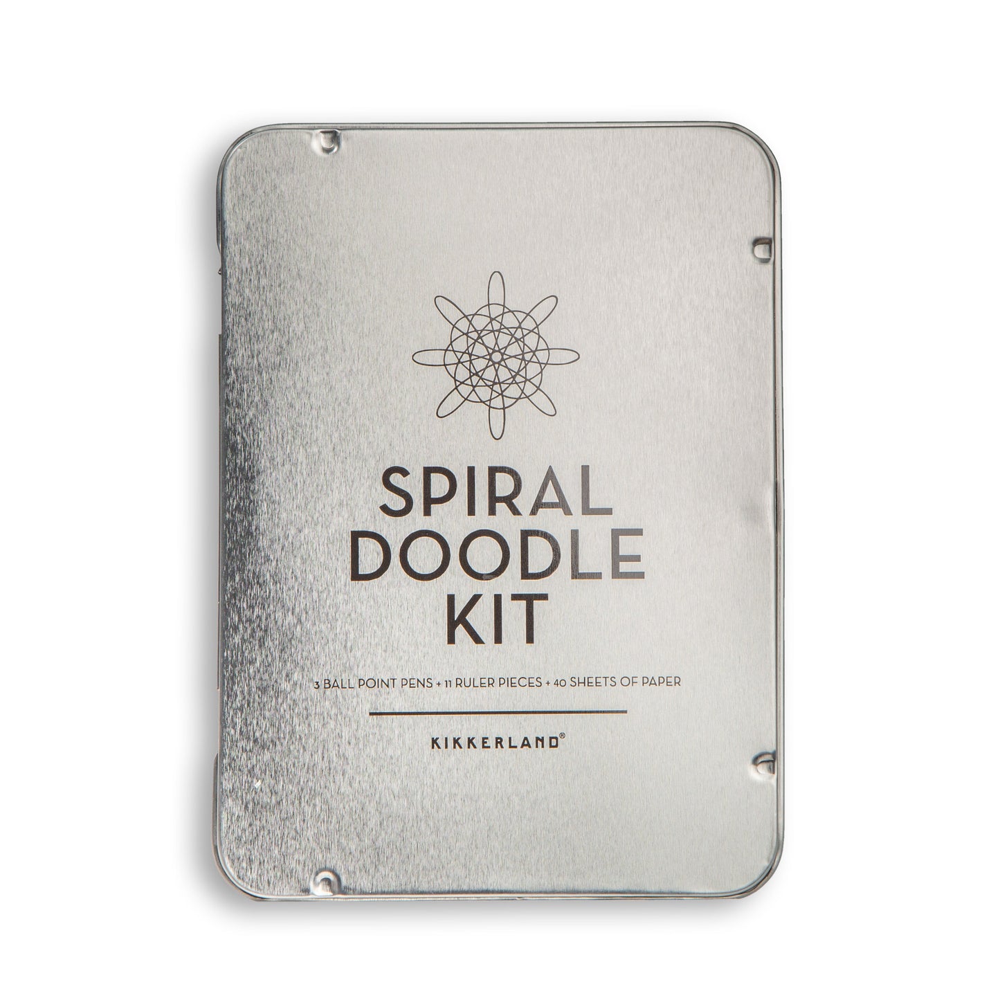 Gray metal doodle kit tin with spiral star logo on front.